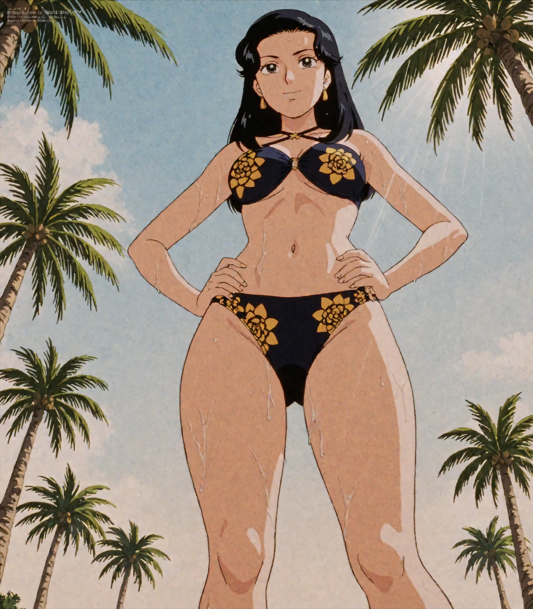 (masterpiece, 4K, Highest quality, anime style: 1.9, Detailed face, Lovely, Ocean,bold, High resolution, anime, alone, Curvaceous, Thighs, Cleavage, Center of chest, Very slim belly, Cowboy Shot,Leopard print bikini,1 Girl, Detective Conan,Maorilan,Back view,Show your ass,Thong,blush