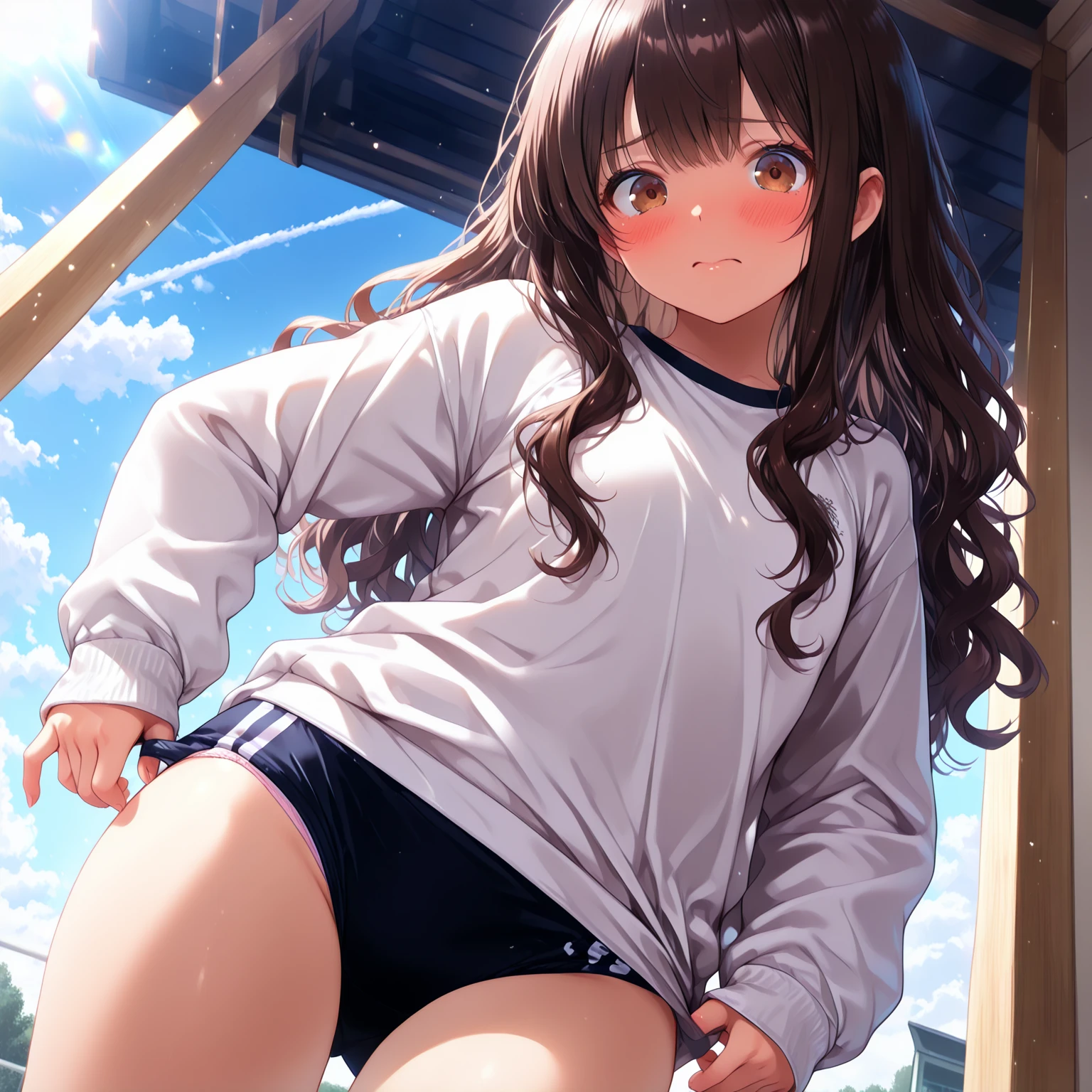 (masutepiece), (Best Quality), hyper detailed illustration,beautiful artwork,(Extreme Detail CG Unity 8K wallpaper、masterpiece、top-quality)、(exquisite lighting and shadow、highly dramatic picture、cinematic lens effects)、One girl in white hoodie and school swimsuit standing beach, black long haired girl wearing hoodie, Wet,(Evil smile),Brown eyes,(Tsurime),(straggling hair),Saw,(Wet),poneyTail,(on the beach),beach side,(light sparkles),(light particles),(strong light coming in),(twist waist:1.1),(head tilt),(from side:1.2),