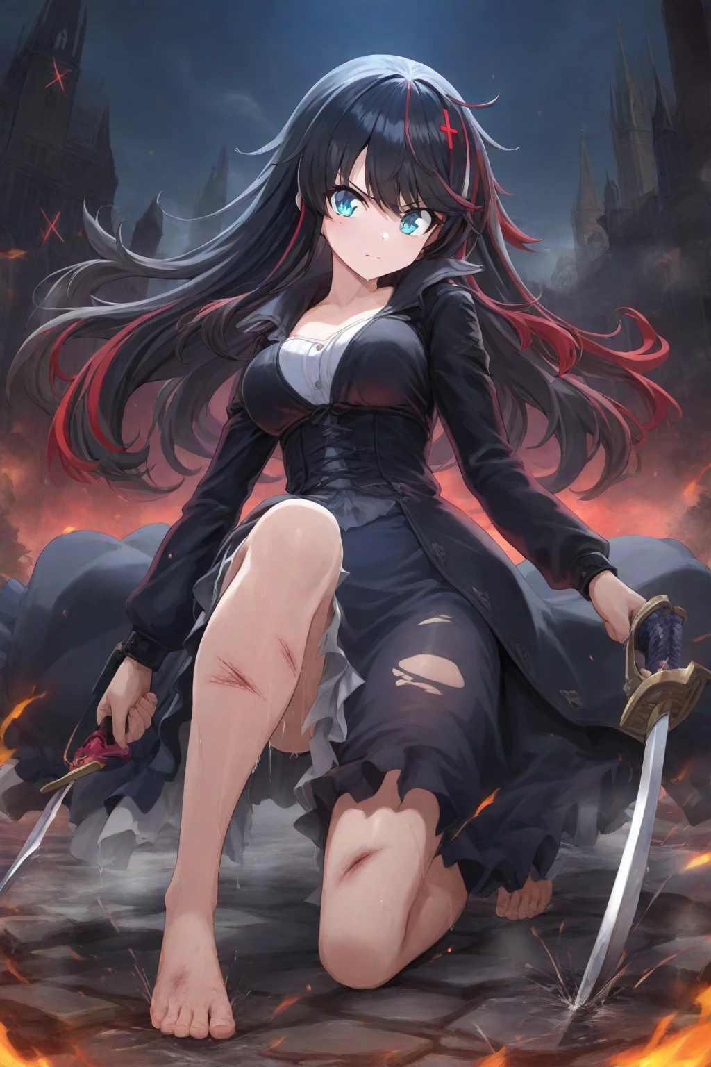 girl, ((long black hair)), ((show underwear)), black bikini, (black skirt), big black cloak, samurai sword, gunholster, sexy pose, big moon, dramatic landscape, night, long black boots, midriff