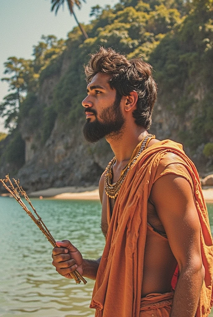 Twenty-one year old man, tanned brown skin, brown wavy hair, dark brown eyes, holding a trident, I see water around
