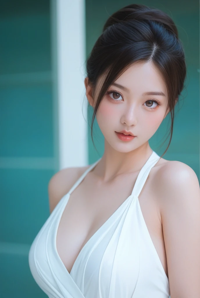 Ultra-high resolution,Tabletop,Highest quality, ,Perfect Glowing Skin,Perfect lighting,Detailed lighting,Dramatic Shadows,Ray Tracing, One Girl,Upper Body,Wet White Button Up Shirt,View your viewers, Off the shoulder, Big Breasts, Exposed cleavage, blue eyes, Sharp Face, Sharp eyes,  cyber punk