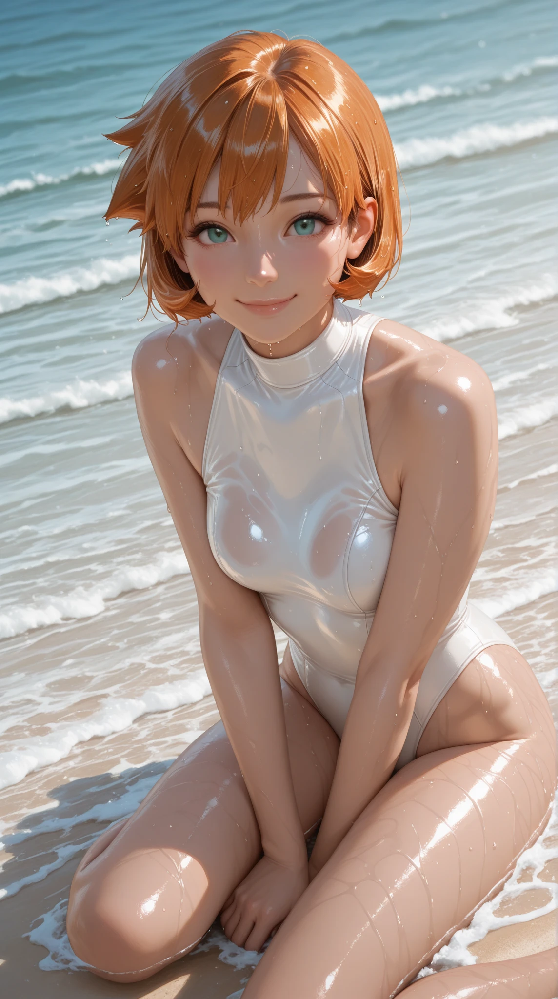 "((Masterpiece), top quality), (((3flexible girls))), gymnast, smile, laugh, ocean, freckles, blush, stare at viewer, cloud, splash, waves, sun, wet , (((shiny leotard))), ((flexible)),huge chest