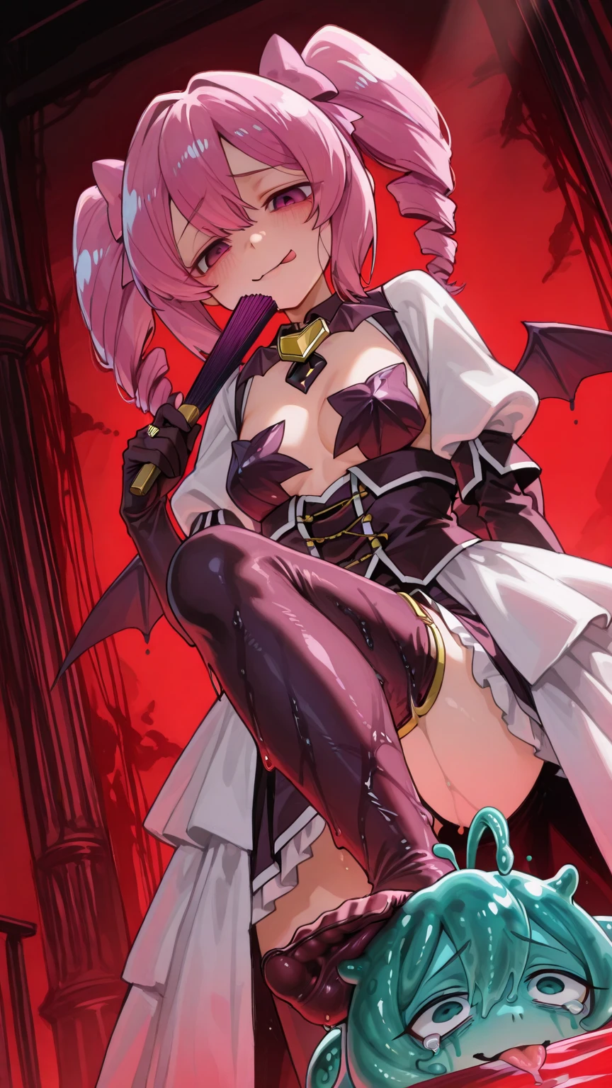 (1 boy:1.2), (Solo:1.2),(Gamine:1.1) 、nffsw、Shaders、Brilliant Textured Work、Ultra-detailed eyes、ultra-intricate pupil in eyes、top-quality、Succubus clothes、Succubus Wings、Succubus tail、Succubus horns、Succubus Boots、(dark skin:1.3)、Pink hair、moderately long hair、Spiny hair、a purple eye、(sadistic smile:1.2)、Navel、Shoulder out、Strapless、despise、Looking down here、from below、Black Hot Pants、bulge in the crotch area、NSFW、tom boy、Spiny collar、Spike bracelet、caves、Standing Picture、flat chest、ridicule、crazed smile、trample、hand on hip、(holding hair:1.1)、double tooth、Opening Mouth、Hurt this、A condescending face、Hanging、Sanpaku eyes、(Half close your eyes:1.2)、cheeky face、sadistic、skinny legs、Sadistic boots、Black leather gloves、Reflect to your toes、小柄、Attractive eyes、Beautiful hair、