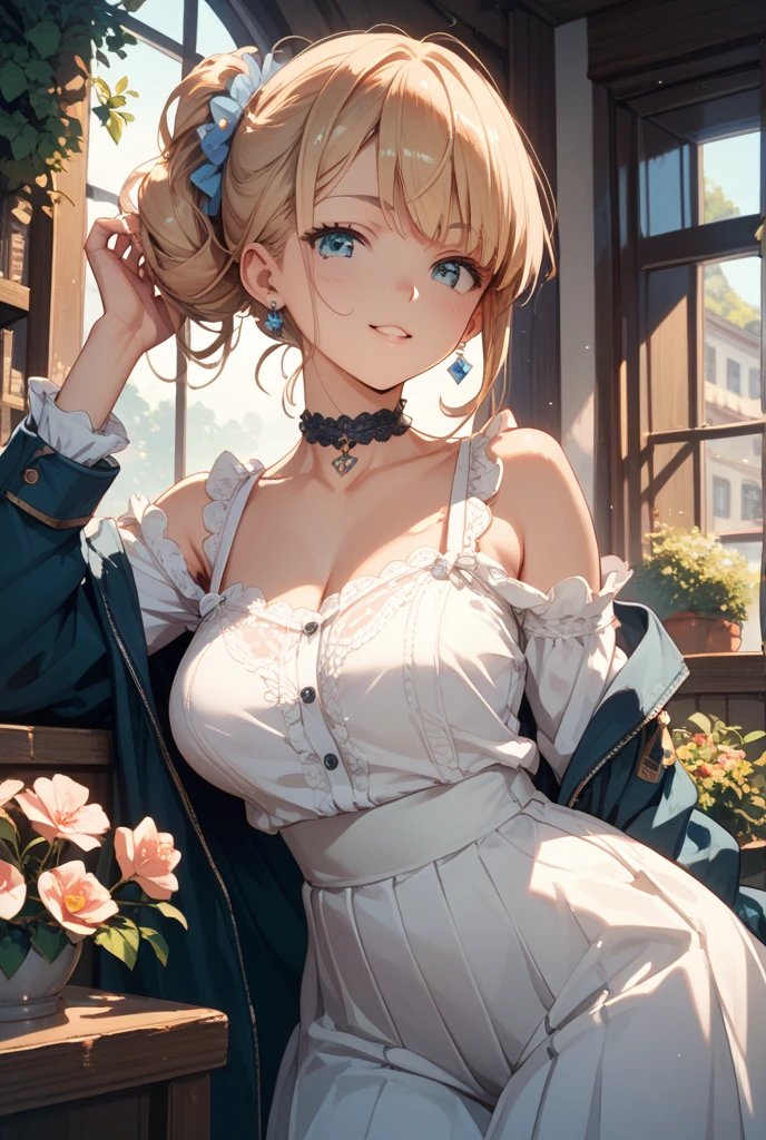 1 girl, blonde bob hair, heart shaped eyes, ♡, big breasts, lace queen, {girl with blonde bob hair named nao}, (Pink eye color), {race car}, (smile), bright background , mole under eye, Star-shaped choker, (masterpiece, highest quality), very detailed, highest quality, official art, beautiful and aesthetic: 1.2), (1 girl), very detailed, (geometry art: 1.3), colorful, most detailed ,(garden,beautiful flower々), (masterpiece, highest quality), official art, beautiful and aesthetic: 1.2), (1 girl), very detailed, (geometry art: 1.3), colorful