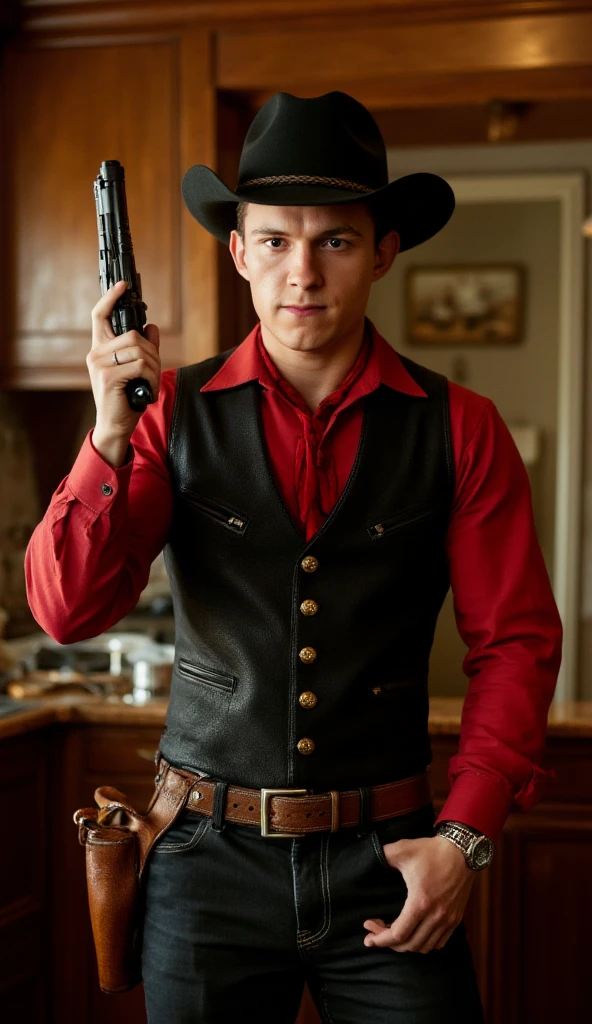 generates the image of a landowner in Peru, primero, the landowner is a young man of Spanish descent, cabello oscuro ojos grises, entradas visibles en su cabellera, nariz recta, con un rostro cuadrado (guapo), He is dressed in landowner clothes from around 1940.. esta de pie al lado de un gran caballo de pura sangre. A su lado derecho esta su hombre de confianza (mestizo), montado en un caballo y con un rifle en sus manos, al lado izquierdo otro hombre de confianza montado un caballo y con otro rifle en la mano. 