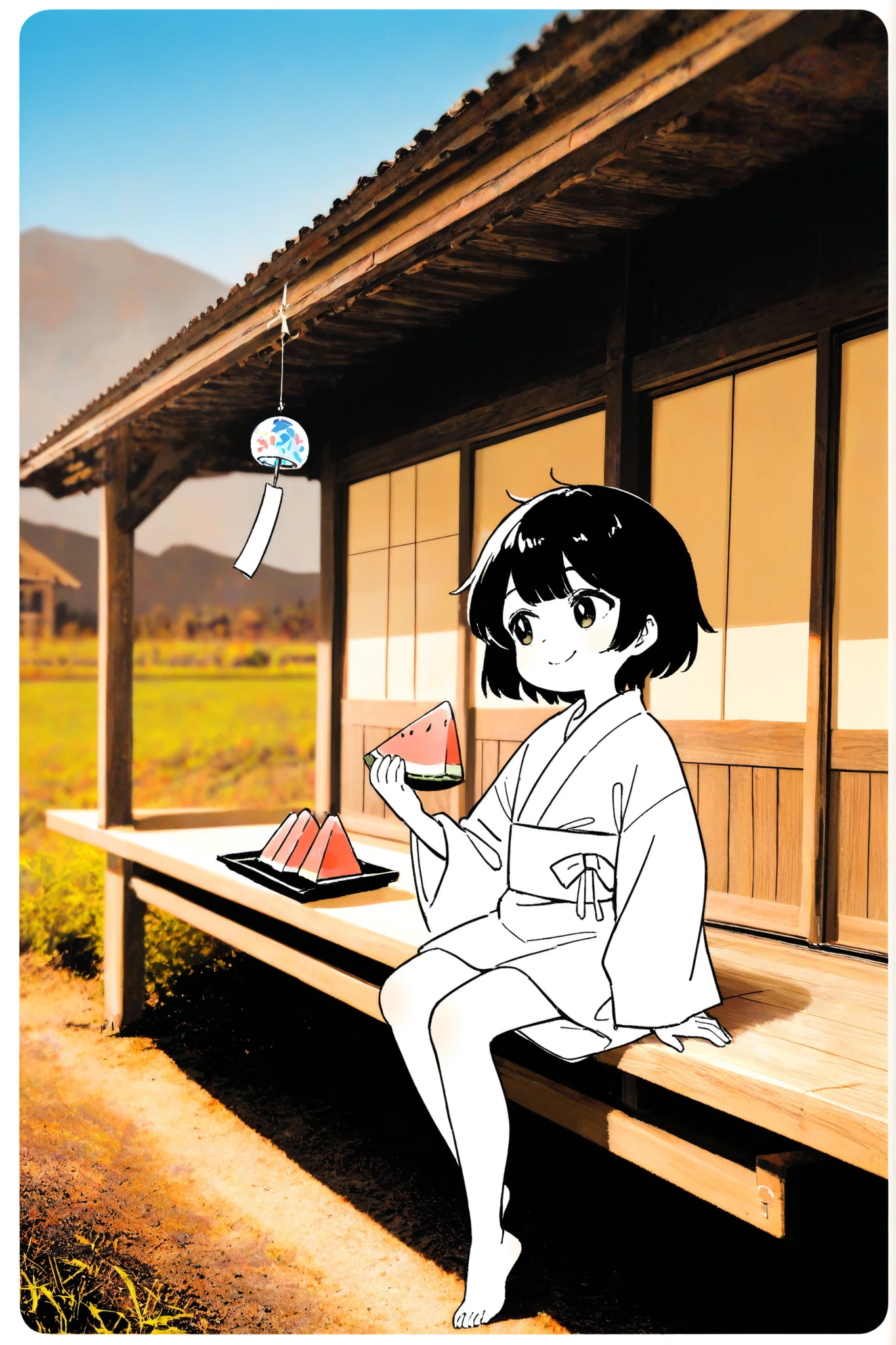 young girl in a floral yukata, short black hair, barefoot, sitting on wooden engawa, holding a slice of watermelon, shy smile, wind tousling hair, gazing into the distance, sepia tone, soft grain, vintage film style, surrounded by photo negative frame
photo background:wooden engawa of countryside house, overlooking lush green rice fields under wide blue sky, distant hazy mountains, wind chime swaying from eaves, warm afternoon sunlight, faded colors, film grain, soft blur, framed in photographic negative border