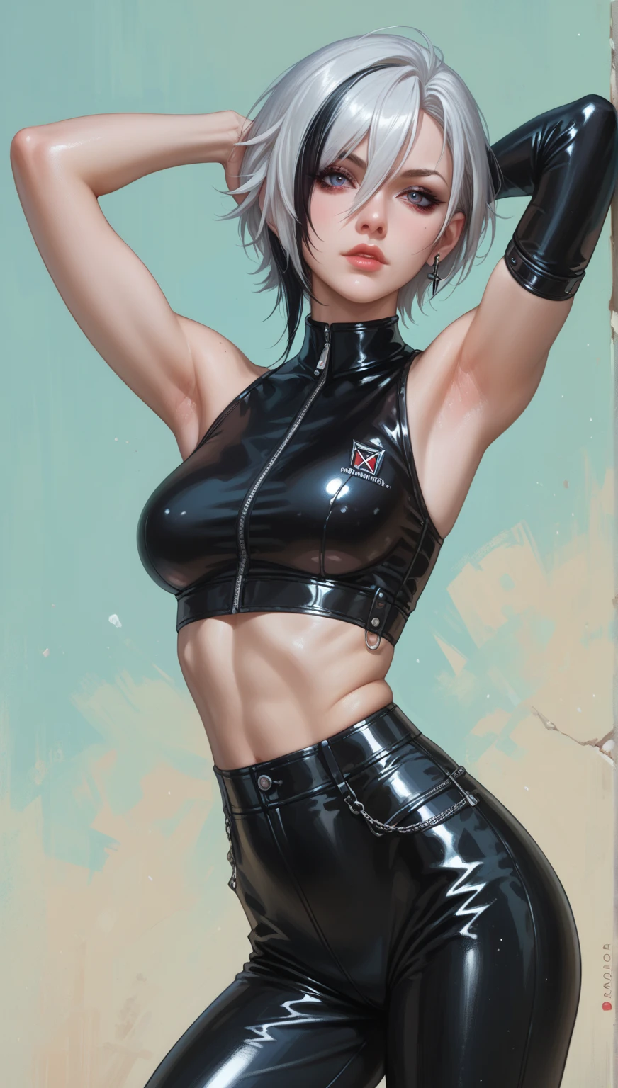 a 19yo woman(goth girl, black bobcut hair、Her eyes are blue and beautiful., tattoos, piercings、gothic clothes、lifting weights in a gym、light particles, black lipstick、Detailed details, cinematic lights, defined abs, sweaty skin, massive breasts, muscular