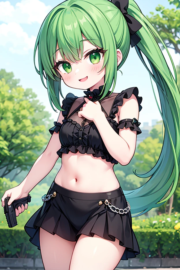 masterpiece,absurdres,1 lady,black hair,wavy hair,beautiful purple eyes,(hair over one eye:1.1),embarrassed,happy,BREAK,emerald green cheerleader skirt with black ruffled layers,(black lace-up corset top with silver buttons:1.1),emerald green choker with silver charm,black lace headdress,garter belt,green flower background,arms up,,BREAK,(nsfw:1.4),nipple,Focus on thighs
