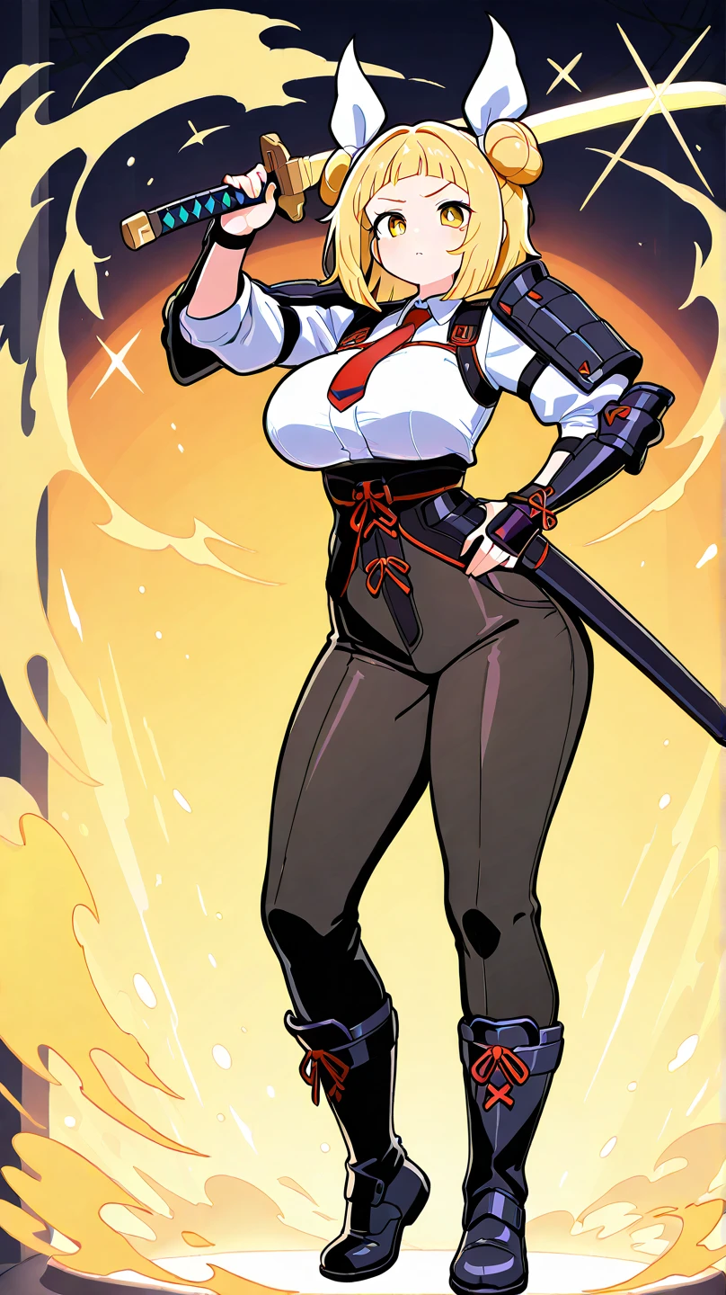masterpiece, best quality, Modeus \(helltaker\), horns, red hair, demon girl, 1girl, full body, secretary outfit, black skirt, pantyhose, white shirt, heels, demon horns, gigantic breasts, pink eyes, long hair, black horns, hair over one eye, piercing, jewelry, tail, demon tail, choker, lip piercing, necklace, gigantic breasts,