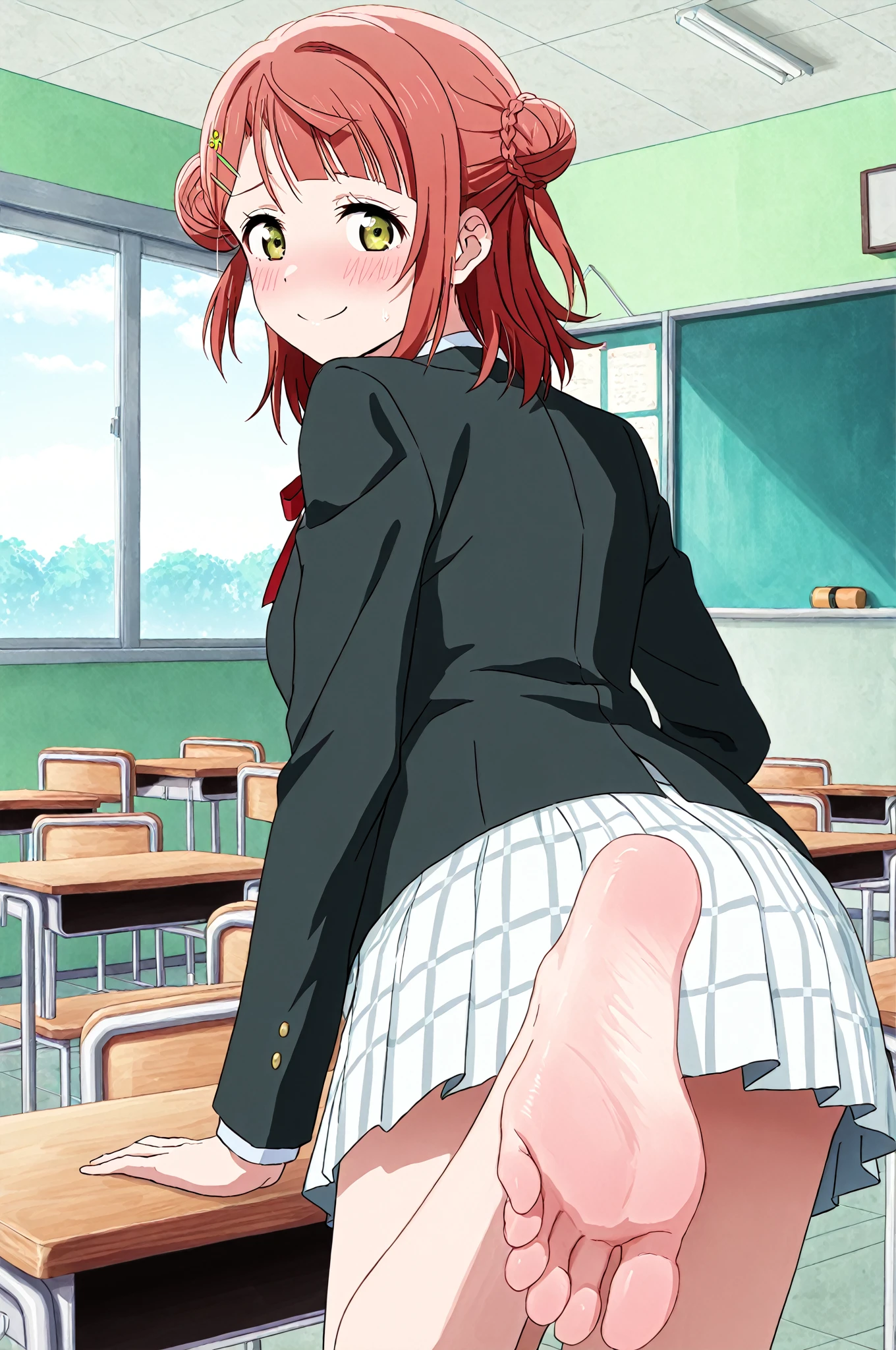 Nakano Yotsuba(The Bride of Fifths)、1girl, masterpiece、top-quality、NSFW, {{pissing}}、vagina, Orange pubic hair, toilet room、green hair bow, yellow sweater, black blazer,