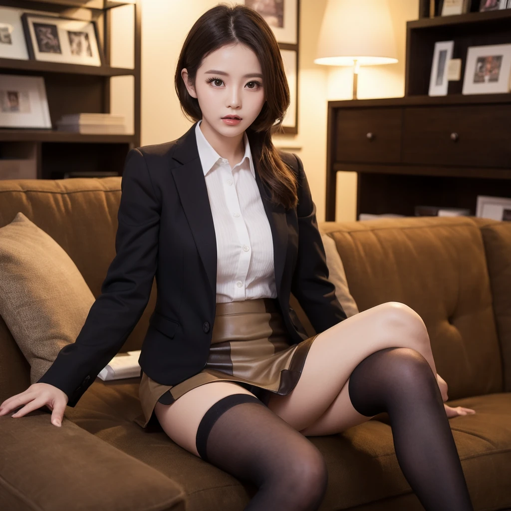 Best Quality, Full Body Portrait, Cinematic Texture Shot, Exquisite Face, Beautiful Face, 20 Year Old Woman, Smiling, Slim Figure, Small Bust, OL Uniform, Office Wear, Black Stockings, Interior Scene, Office, Seated
