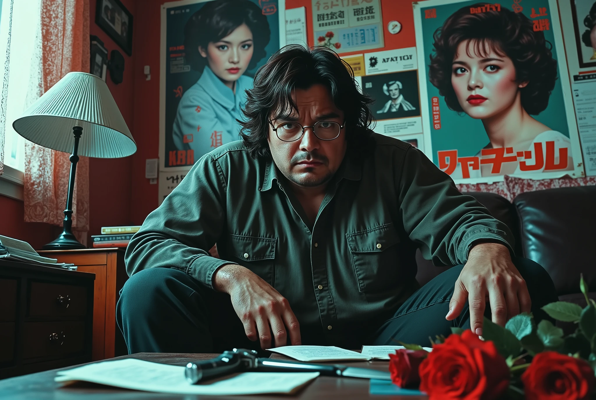 man with glasses, lonely geek, bad complexion, over weight, messy apartment, posters of an actress who resembles Lauren Bacall, John Lennon albums by his record player, dead roses on the floor, unsent fan letters, on the coffee table a coupler long survival knives, A sense of unease, dread, and horror is evoked. Vintage horror poster style, Japanese magazine cover. The color palette is lurid and garish, with a few muted tones of red and gray for the bloodstains. The overall texture of the image is reminiscent of a printed photo or poster of the period. Text and typography are detailed, giving a strong sense of the era. The perspective is a slightly high-angle shot emphasizing the girl's posture and the doll, adding to the feeling of threat and vulnerability. The background includes additional text and Japanese characters, adding depth and contextual information to the image. --60s vibe, — NSFW, —, psycho stalker vibe, blue and green grungy back lighting, vivid and lurid colors, cinematic lighting, fumetto style, Frazetta, Steranko, porno pinup style, perfect anatomy, masterpiece, HD, 8x, "anatomically correct human" "realistic proportions" "natural human pose" "full figure, accurate anatomy" "correct fingers and joint
