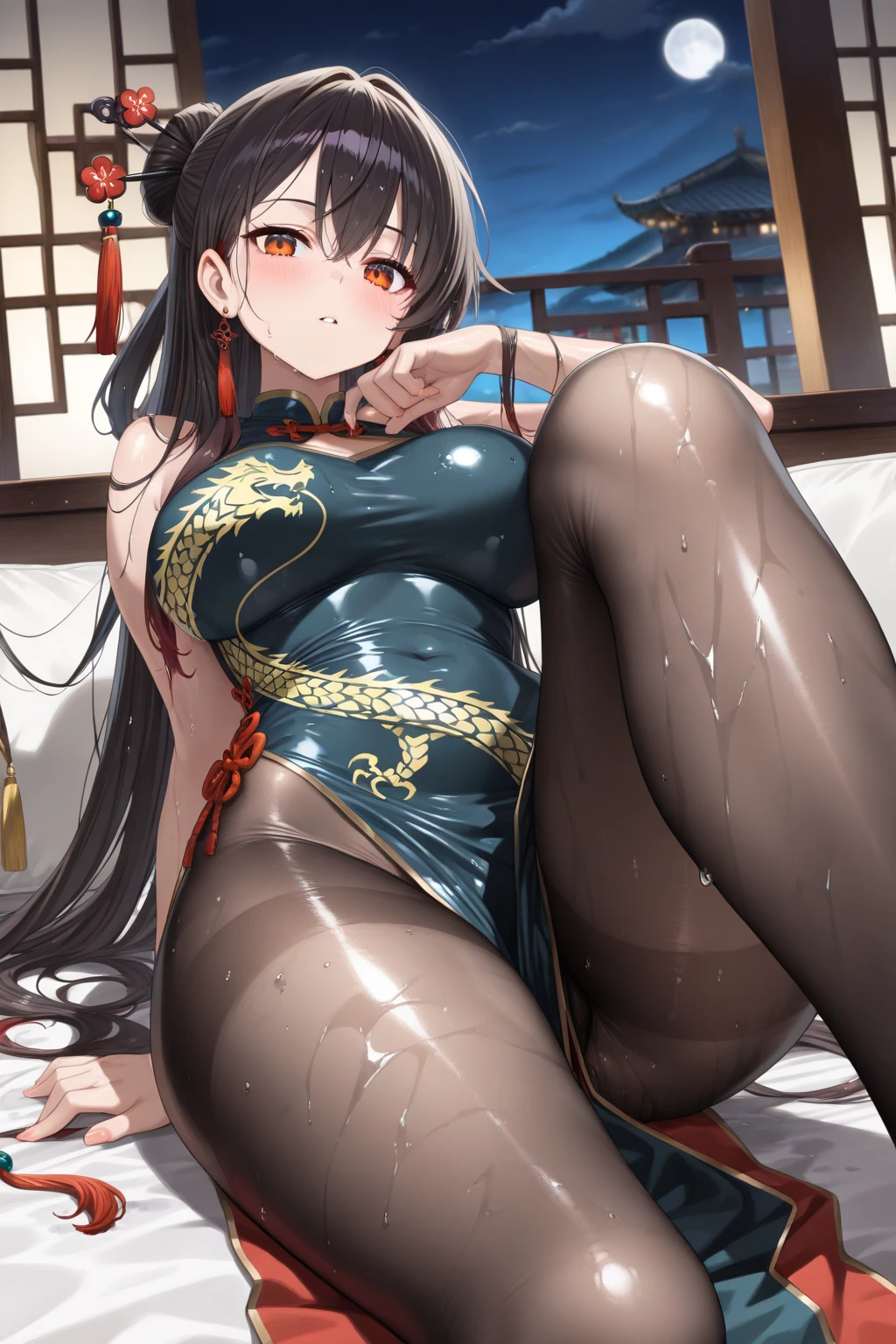 (Realistic:1.3), (photoRealistic:1.2), (masterpiece:1.2), (highest quality), (Detailed skin:1.3), (Intricate details), One girl, 20-year-old, Detailed skin texture, (blush:0.6), Scattered beneath the surface, Pale Light, smile, Black Hair, Straight Hair, Shoulder-length hair, Calm hair, bangs, Hair between the eyes, Hair volume is low, Sparkling blue eyes, Lens Eye, Light reflection on the eyes, Symmetrical eyes, Eyelashes, Two arms, Two joints in the fingers, barefoot, Depict vagina to head, Wearing Chinese dress with Side slits, Sleeveless, Clothes with open chest area, ((Black and gold Chinese dress)), Floral prints,A skirt that is not too long, (Tight clothing), (Inside the room), white Chair, ((With legs apart)), ((Whitish pink panties)), string panties, Fingers between her legs, from below, (((Open her legs wide))), Do not hide her breasts, ((she touch her vagina)), (big tits), show me her vagina, ((hem of the dress to the side)), nipples