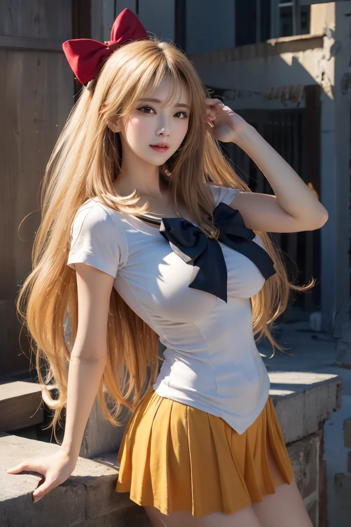 top-quality、masterpiece、超A high resolution、(Photorealsitic:1.4)、Raw foto、1 girl in、a blond、full body Esbian、large full breasts、Ultra exposed cleavage、erotick、Erotic look、gargantilha、二重まぶた、Loose and fluffy perm、semi long hair、student clothes、a miniskirt、JK Ribbon、Skinny clothes、pleatedskirt、skirt by the、Transparent skin、Healthy