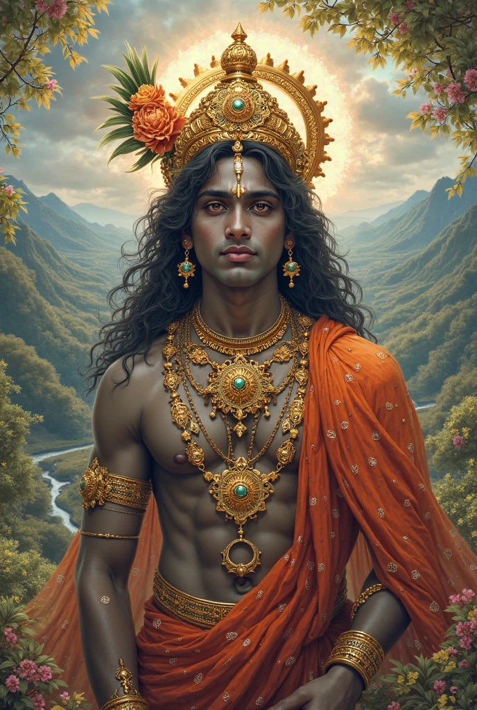 Lord Shiva, the auspicious one, is depicted as a powerful and majestic deity with a serene and tranquil demeanor. He has a radiant blue-gray complexion, symbolizing his association with the infinite and the cosmos. His eyes are half-closed, lost in deep meditation, and his hair is long and matted, adorned with a crescent moon and a serpent. He wears a garland of rudraksha beads and his iconic third eye on his forehead shines bright, representing his divine insight and inner wisdom. His majestic presence exudes an aura of spiritual energy, inviting all to seek refuge in his infinite compassion and guidance.