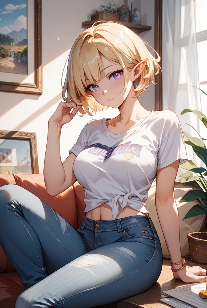 work of art, best qualityer, high resolution, kashiwazaki sena, borboleta_body hair_ornament, blonde body hair, long body hair, breasts big, water eyes, 1 girl, standing alone, bangss,top cut, short jeans, cowboy shot, ssmile, pose sexy, bed-in, bed-inroom, pillow, window, sitting down, sitting down on bed-in, gazing_phi_viewer, neckleace, wide breasts, sensual perfect body