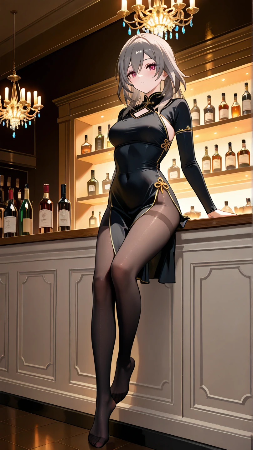 ((8K resolution))、((highest quality))、((masterpiece))、((Super detailed))((((dramatic))), (anatomically correct)、Depth of object being written、look at the camera、1 person、1 personの女性、(veil, yellow eyes, long hair, elbow bag, bare shoulders, dress, pantyhose, thigh boots, high heels)、front、toned arms, long and thin legs, Athletic Presence,(theme、w穴 body:1.1),Image of God、dark bar、Take a seat at the counter、champagne glasses