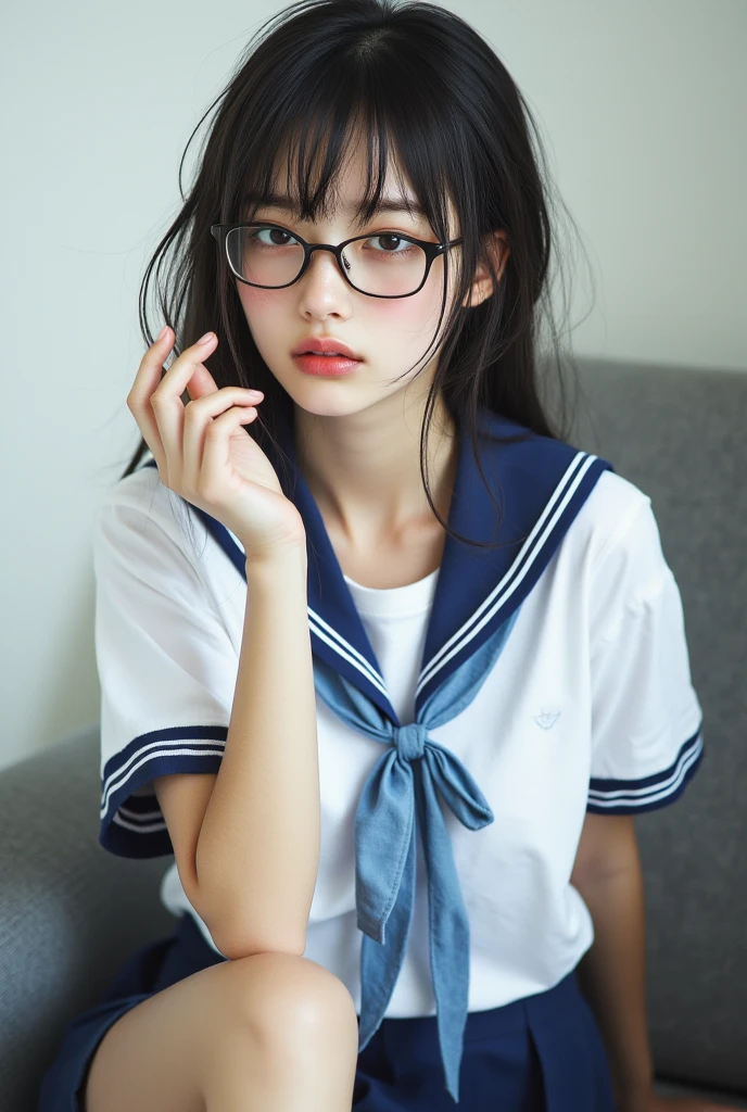 ((highest quality)), ((masterpiece)), (detailed), Perfect Face,13 years old,beautiful girl,SLR,Upper Body,Thin arms,Bedroom,Young Face,The body is slim,,Sailor suit,Summer clothes,Always wear glasses
