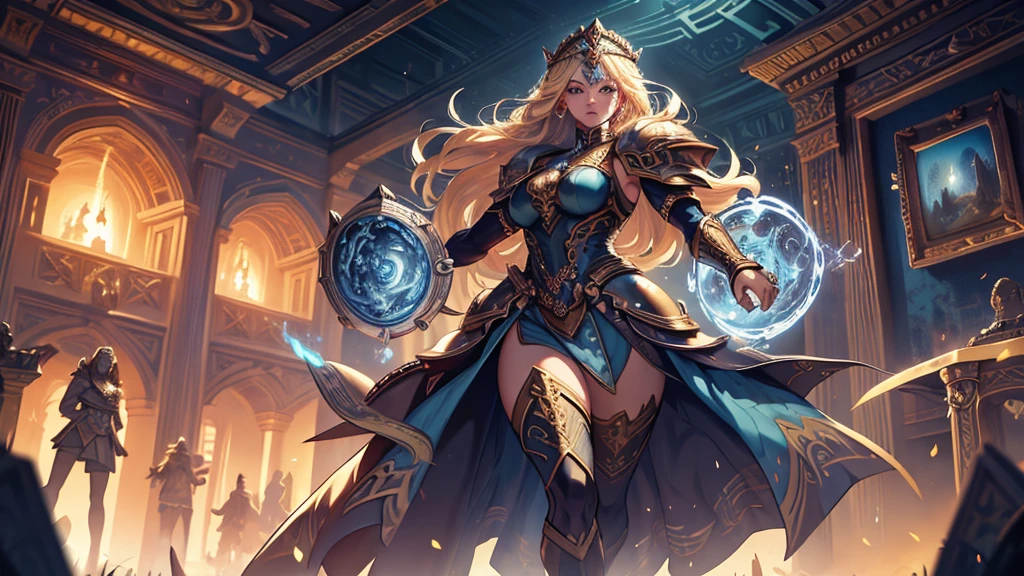 a fantasy-themed scene featuring a powerful female version extra sexy y voluptuosa del personaje Dark Magician Girl de Yu-Gi-Oh! She stands confidently at the center of an ancient, mystical battleground surrounded by large, menacing dragons. The mage has long blonde hair, wears a blue and gold outfit, and wields a magical staff that emits a glowing energy, forming a protective arc around her. The scene is filled with dynamic action, with tigers coiling and roaring around her, and the ruins of an ancient temple in the background, set against a dramatic sky. The overall atmosphere is epic and intense, combining elements of fantasy and magic