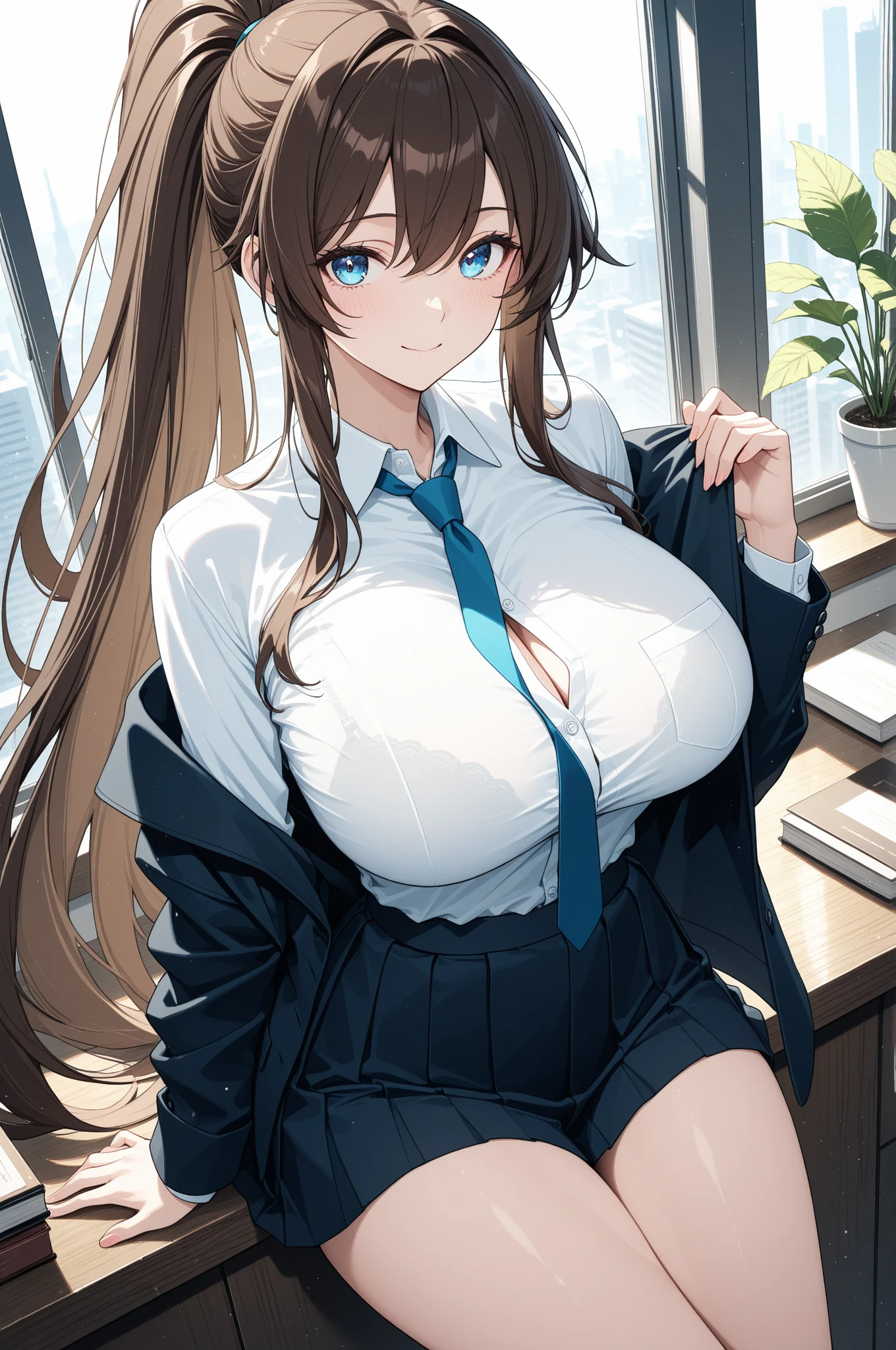 japanese, solo, large breasts, brown hair, bangs, embarrassed, (natural make:1.2), dynamic angle, high res, (photo realistic:1.2), (highly detailed:1.1), desk, Tight skirt business suit, office chair, smile,(computer), detail brassiere, delicate background, bokeh, professional lighting, physically-based rendering, (cowboy shot), cleavage,