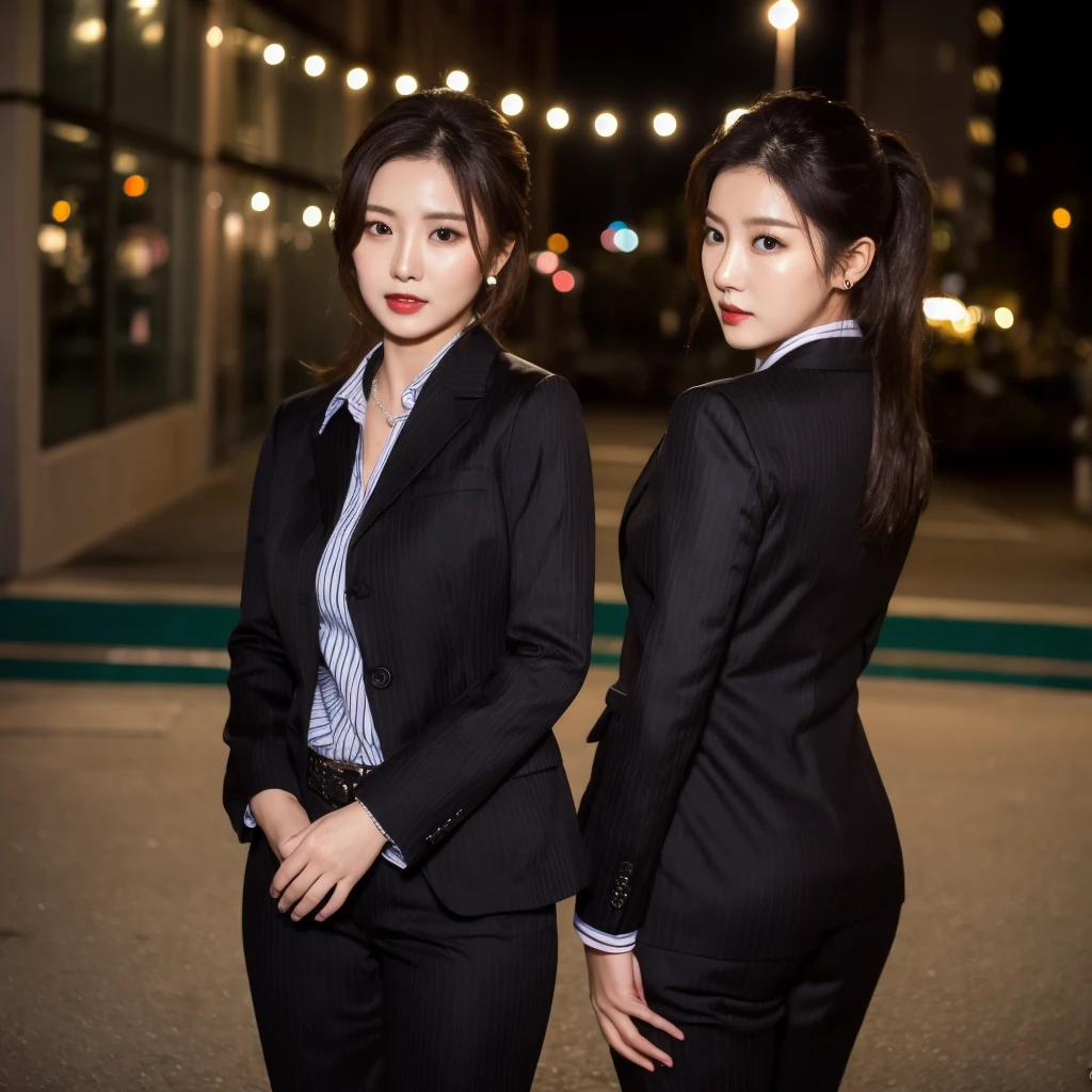 black hair, blue eyes, long hair,short braided hair,ponytail, Ahoge,OL, happy smile, smile, open your mouth,Black Abyss Glasses, end, black suit jacket, collared jacket, white dress shirt, collared shirt, neckline, button, strap, ID card on neck, black pencil skirt, black pantyhose,stiletto heels,sit cross-legged on a chair,There is a computer on the desk.,touch typing,Make sure the whole body is included in the illustration, break outdoors, city,building street, break looking at viewer, (cowboy shot:1.5), break (masterpiece:1.2), highest quality, High resolution, unity 8k wallpaper, (shape:0.8), (fine and beautiful eyes:1.6), highly detailed face, perfect lighting, Very detailed CG, (perfect hands, perfect ),