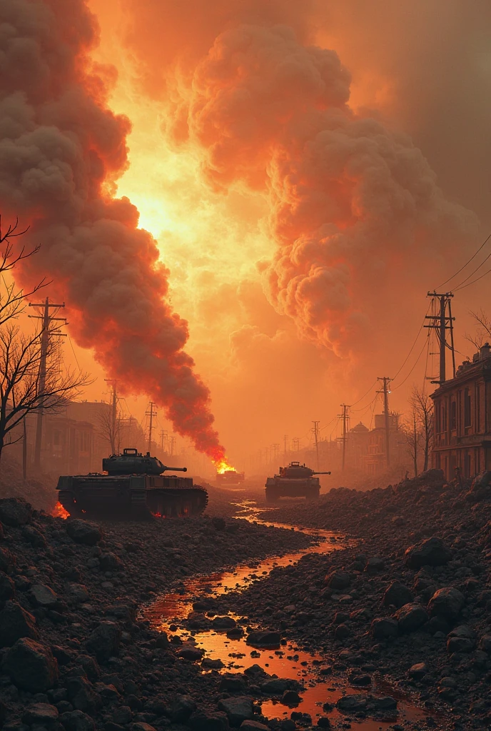 A dramatic and somber scene where a lmnrsstnk tank stands as a lone sentinel on a crumbled bridge, its hull surrounded by the wreckage of enemy vehicles. The tank and its crew make a last stand, holding back a tide of foes to allow their comrades to retreat. Flames and smoke rise from its damaged engine, symbolizing the tank's valiant sacrifice for the greater good