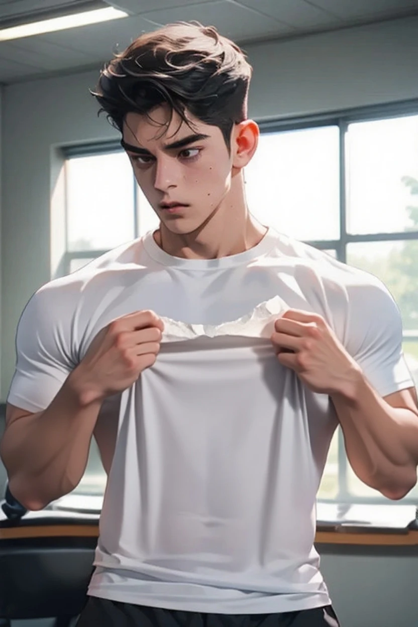 Basketball boy wiping his sweat with his shirt