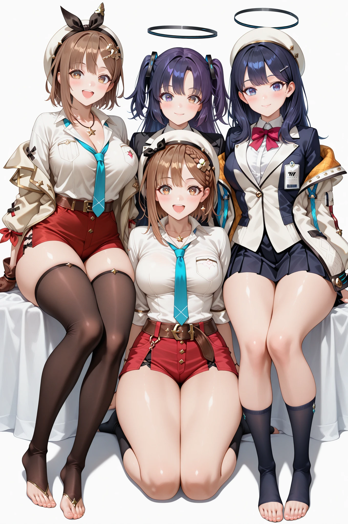 multiple girls, 3girls, standing, giantess art, highly detailed giantess shots, giantess, most detailed, perfect face, Two legs, Five fingers, short hair, A high school girl who is bigger than a skyscraper, Wearing rimless glasses, smile, huge breasts, Navy blazer, Red tie, mini skirt, black pantyhose, no shoes on, toes visible through pantyhose, Steam coming out from the soles of my feet, seaside metropolis, numerous miniature warships on the sea, Destroying cities, Under heavy attack, A very small big city, Miniature metropolis, Full body description, GTS, giga giantess, stomping city, crash city, tiny city, micro city, pantyhose feet, High resolution, highest quality, masterpiece,