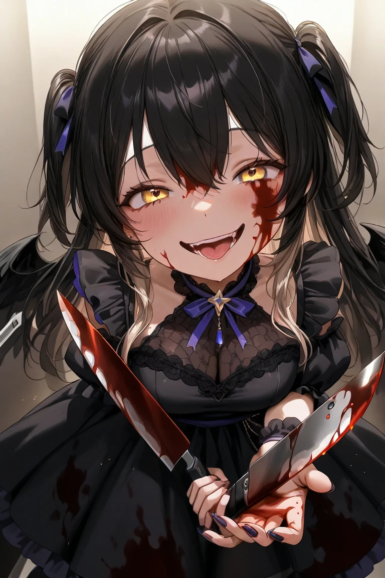 masterpiece, zoom out, score_9, score_8_up, score_7_up, portrait, 1 girl, alone, black hair, long hair, long parted bangs, white eyes, black sclera, (blood tears, small smile), evil, parted lips, expressionless, big breasts, upper body, V-neck strap basic dress, black bottom, best quality, long split bangs.