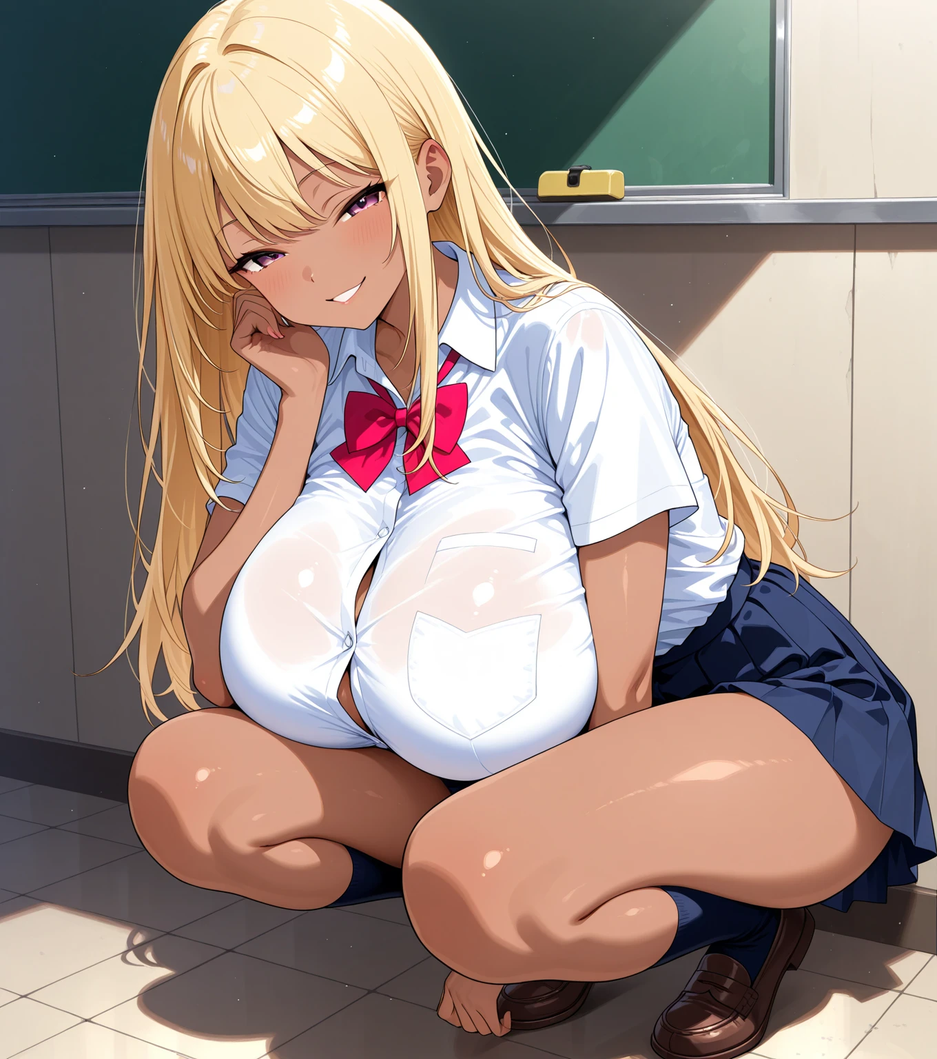 ((lactation through clothes:1.1),nipples standing,(nipples peek:1.4)),(masterpiece:1.2, Highest quality), 1 Female, alone,Big Breasts, classroom, Day, sit, blonde, Twin tails, Red eyes, Open Collaboration, ((Dark Skin)), (Open chest:1.1),