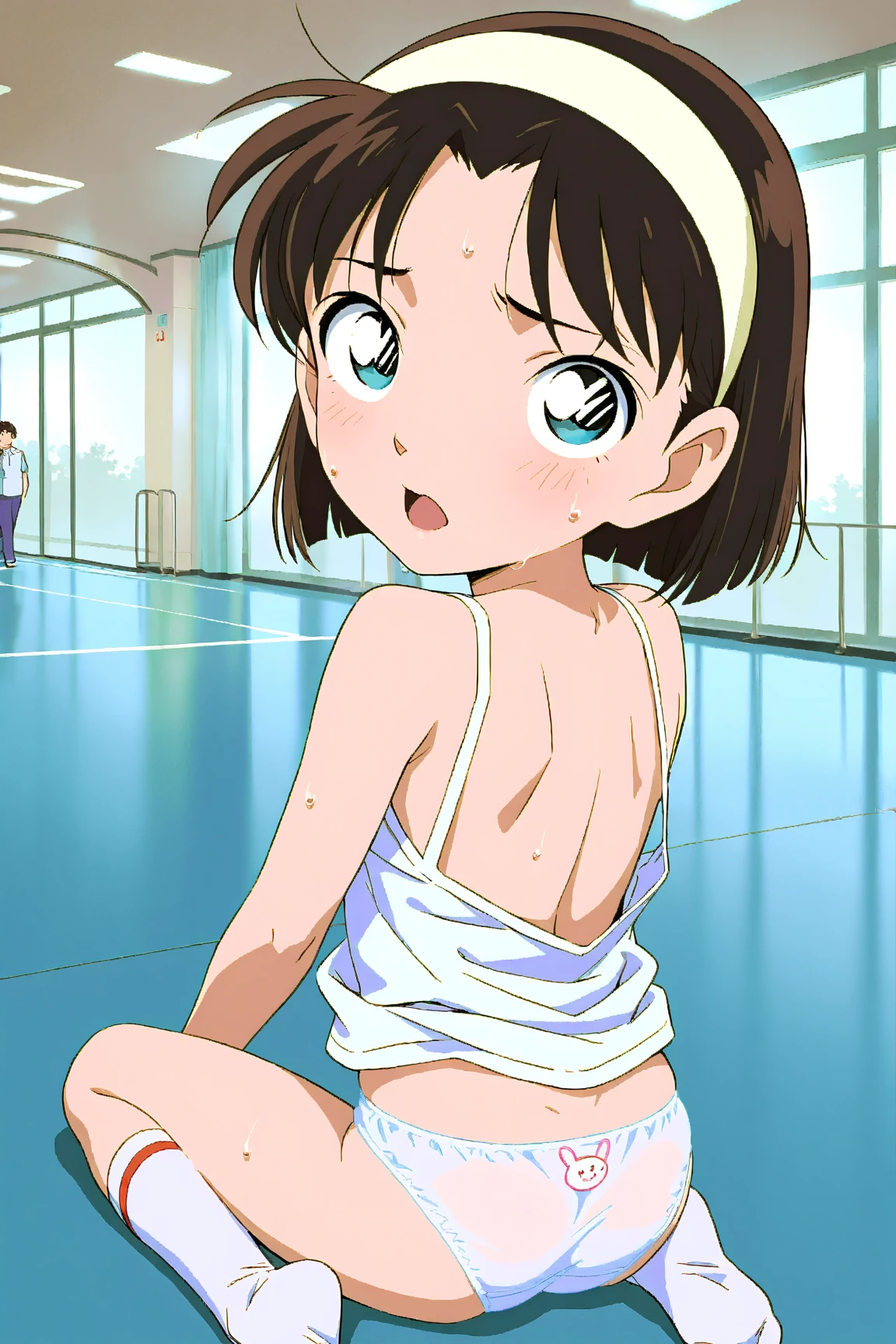 Nsfw,Black Hair、Little Boy、Bob, Bow-legged、Embarrassed face、Huge penis 、Pink leotard、High leg leotard、Place your hands behind your head.、Squat with your legs wide apart、nose hook 