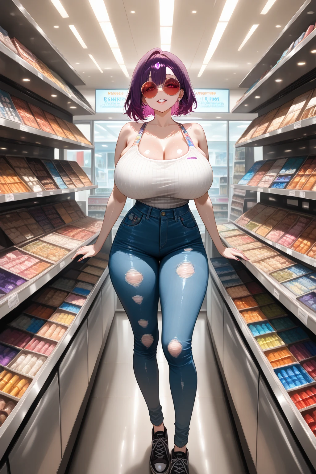 Masterpiece, best quality, Masterpiece, best quality, 1 woman , pink hair , purple eyes , sly face , black bikini , big breasts , abdomen , Long legs , Put your hands on your hips. , Barefoot , full body , convenience store 