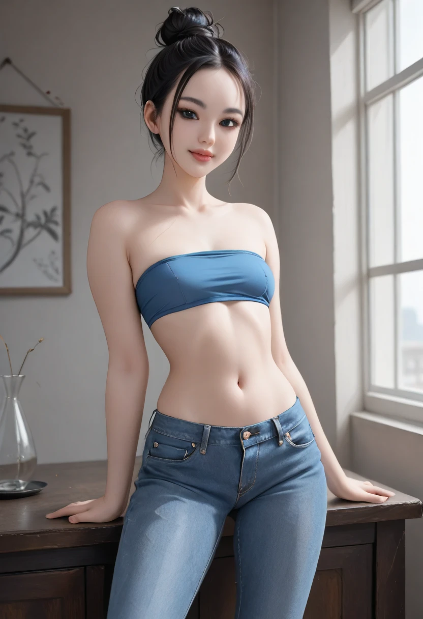 a beautifu,  Low-rise jeans, bikini top、High heel、Beautiful highschool girl, ponytails, Full Body, highly detailed full body, , Highly detailed body,