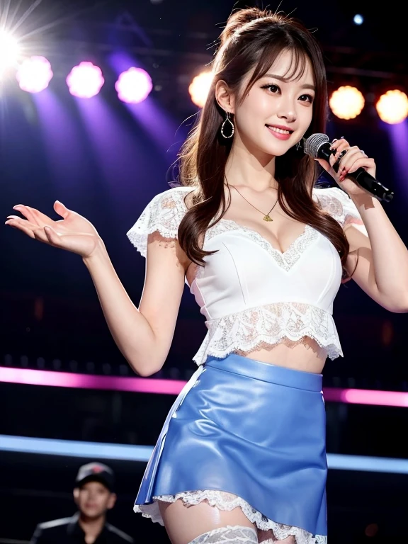 (Highest quality, DSLR camera, 8k, Highest quality, High resolution, Highest quality, Highest resolution, Very beautiful woman, Perfect anatomy), Bright brown eyes, Very bright brown eyes, Small diamond-shaped earrings, Looking directly at the camera, Beautiful brown hair, ((Baby face, Loose and cute medium ponytail)), Very short and beautiful bangs with brown hair, E-cup bust, Showing beautiful décolletage, Very beautiful 20-year-old, Lip gloss, Smiling very happily, Very cute smile, Upper teeth, Beautiful teeth, (Chic and stylish music stage as the background only), Slightly larger eyes, Small face, Tall supermodel, Beautifully shaped model, Holding a microphone and dancing and singing in random cool poses, Dynamic angle, Eye focus, Head tilt, Very detailed and realistic, Very beautiful 20-year-old, ((Medium shot)), Sharp jawline, ((Sophisticated K-POP idol outfit)), Deep waistline, Sexy legs, Side view, Smiling very joyfully, Laughing, Summer daytime
