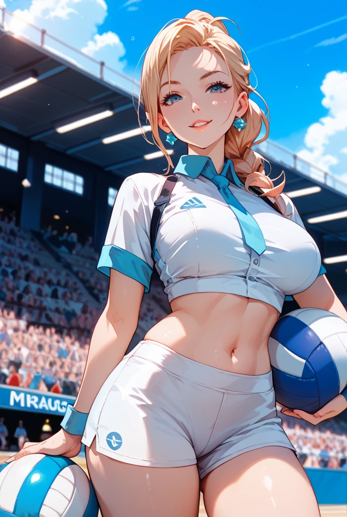 high quality,hd,16k,sharp line,1girl,female soccer athlete ,cute face, large breasts, nice legs,shoot a soccerball, sweat,in soccer venue,focus girl,detailed beautiful face,detailed clothes,beautiful eyes,pretty,dynamic angle
