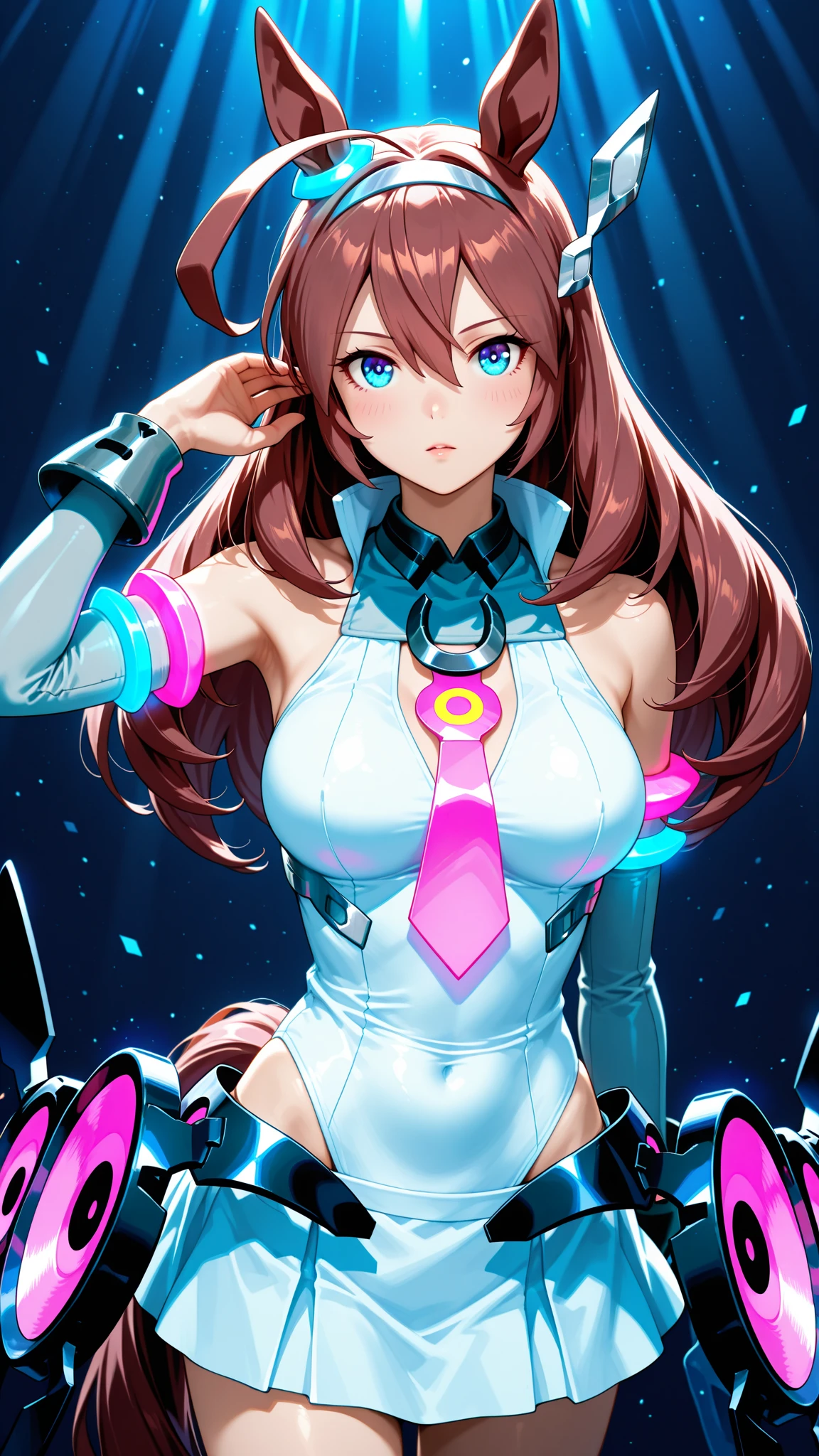 Masterpiece, Best Quality, High Resolution, 1Girl, Ultra High Resolution, Solo, Mech Pilot, D.VA, Headphones, Pink Eyes, Blue Tights, Brown Hair, White Gloves, Face Decoration