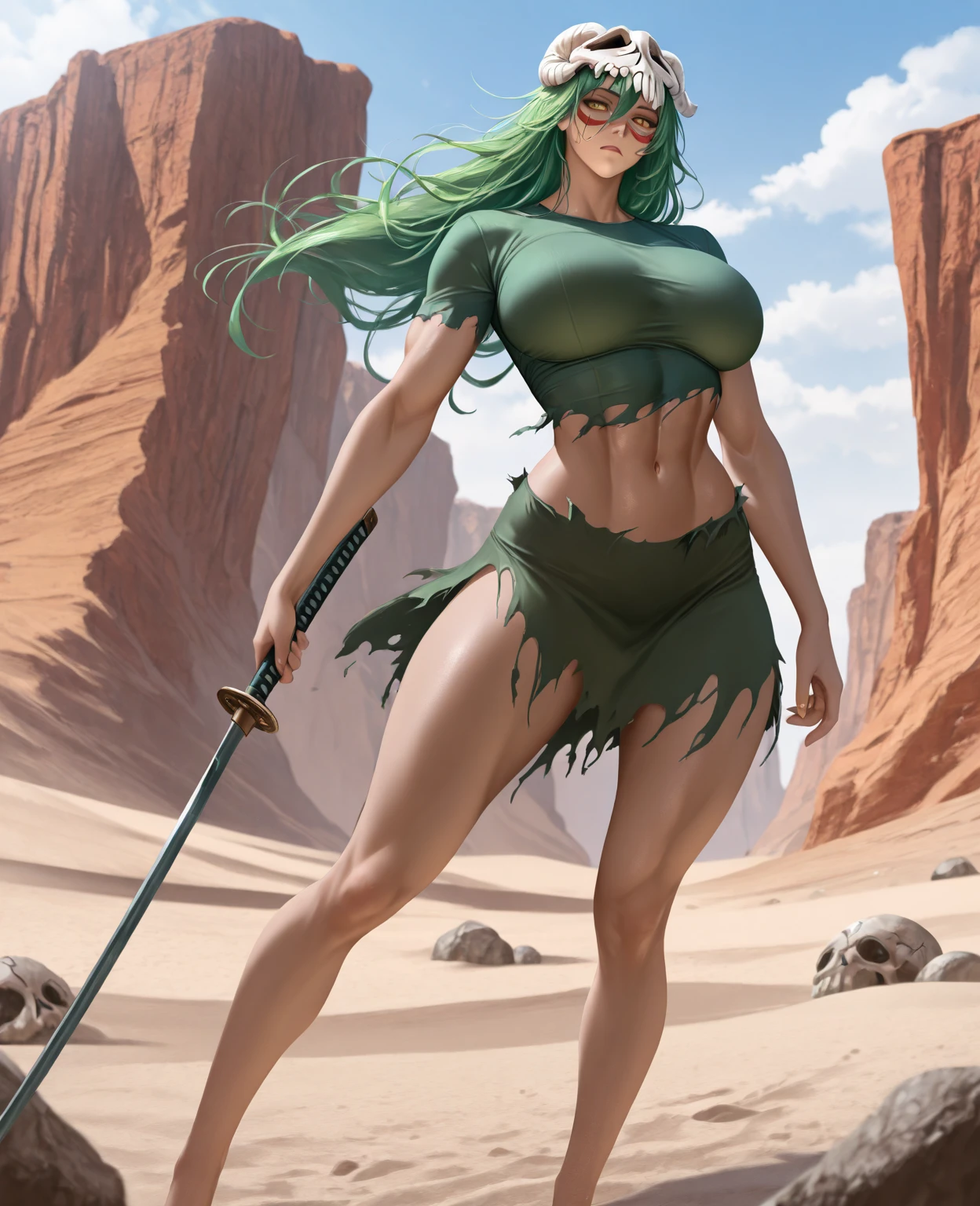 mujer woman long hair green stocky muscle muscular nude desnuda naked sword big boobs babydoll
