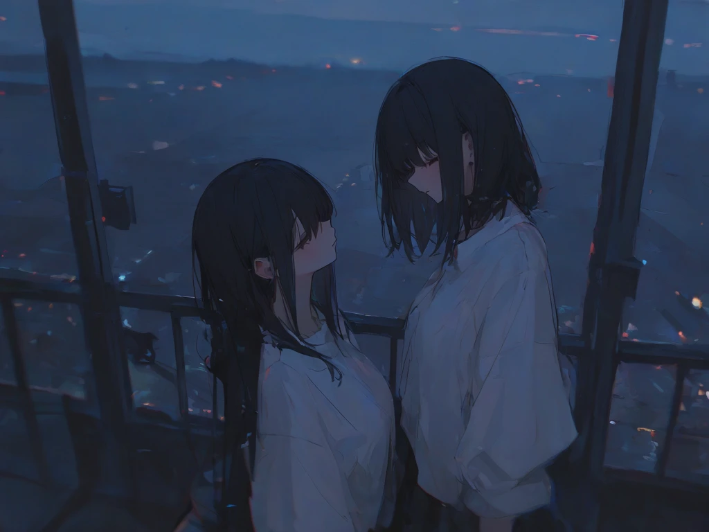 real photograph:1.4, (Top image quality, 8k, ​masterpiece), top-quality, 超A high resolution,2 Japan Girls,ld, pretty face, multicolored lace bra, kawaii faces, Melancholy look, double eyelid、White breasts: 1.4、long hair and Bob hair、night modern room、window, rain, Twinkling starry sky and big moon, Movie Lighting, Photorealsitic, real looking skin, NFSW, 35mm, Shot with Leica,