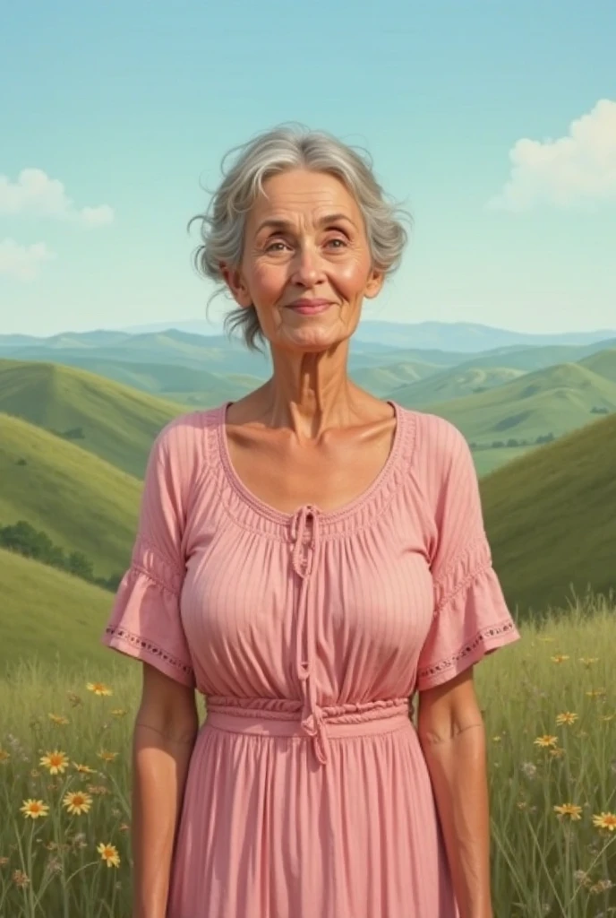 happy old woman,with gray hair,glasses, loose dress ,walking along a dirt road with green grass and light rain