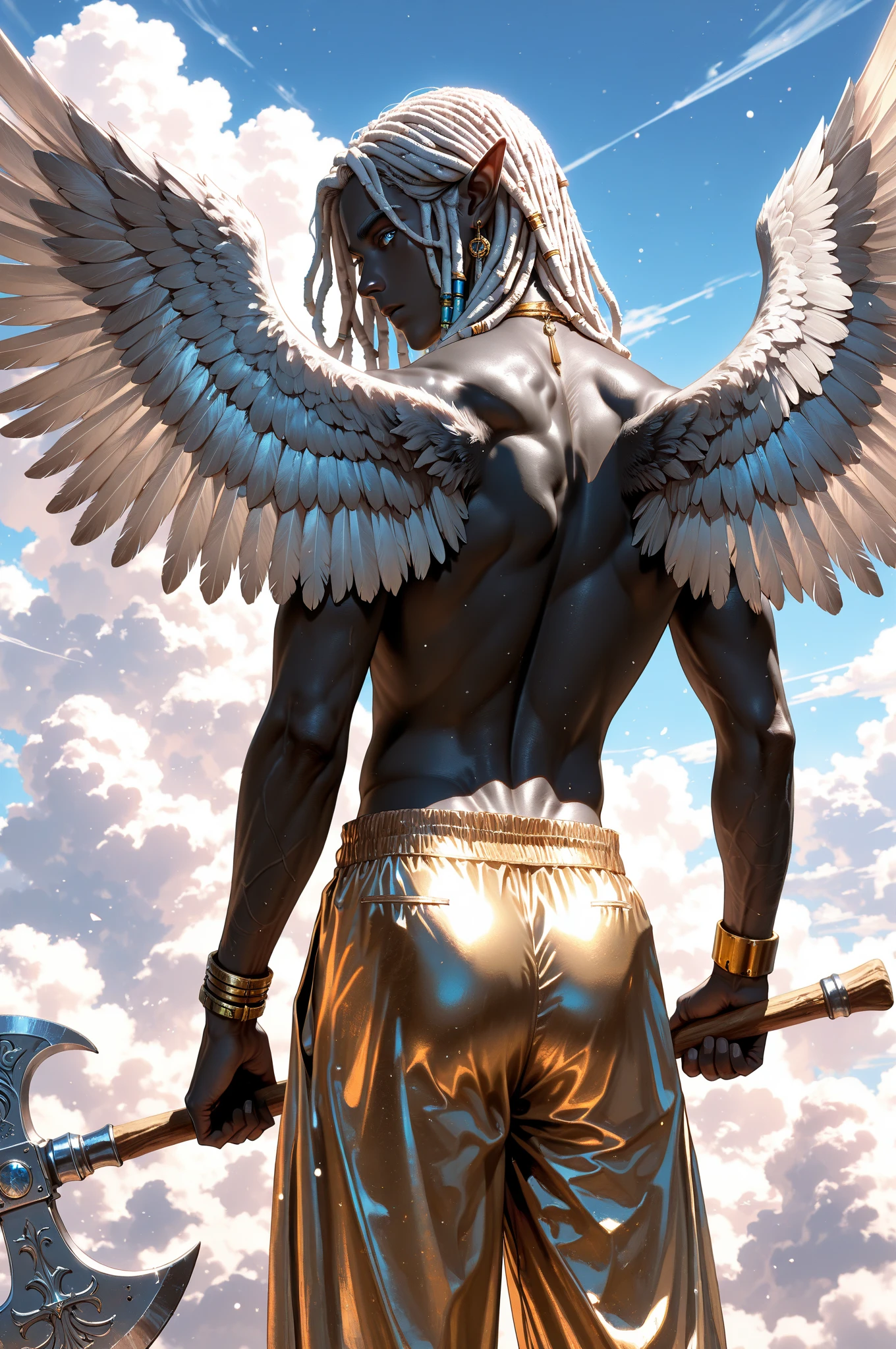 a beautiful handsome black man, muscular, naked, large white feathers drifting down, winged arms, a fallen angel, full body image, low angle view