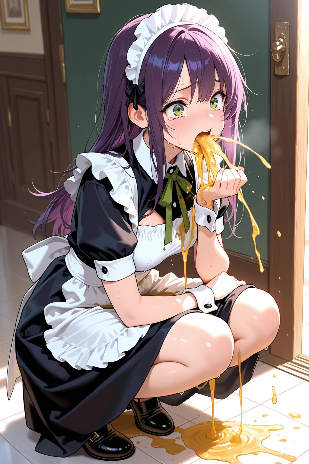(Browsing Caution、Ultra-high resolution、masterpiece、8k)Naked Women，far、Official photo、Straight Long Hair，Purple Hair，Shorn bangs、Big cold eyes、There is a mole under the left eye，alone，Big Breasts，i turn around，Inside the room，fluffy black robes、barefoot、Masturbation，Slender body、The shape of the female genitalia is clearly visible.，(big, Thick stool coming out of the anus:1.5、big piles of poop on the floor:1.3)，Grab your buttocks and spread them，detailed ，Your body is wet，Sweat，，Desire for dissatisfaction， White Stockings，Big poop coming out of the anus、Steam is coming out from between the thighs，(((Lying down and showing your butt、Legs closed)))Shooting from above