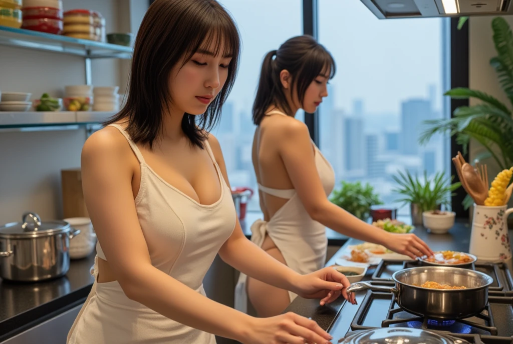 [[((attractive young Asian woman with a captivating presence, embodying the essence of Allurist:1.6)), cooking an Asian dish in a stylish, modern kitchen. She is dressed in fashionable clothes that complement her vibrant surroundings:1.6)). The scene is vibrant and includes the colorful Asian dish she is preparing, emphasizing its vibrant colors and presentation:1.6)). The background features a sleek, upscale kitchen environment. The scene is captured with a ((full-frame DSLR:1.4)) using a ((50mm prime lens:1.4)) to keep the woman and the dish in sharp focus. Professional lighting enhances her natural features and the dish's vibrant colors, adding a ((soft bokeh effect:1.3)) to the background. The image should be in ((8K resolution:1.5)) with ((hyper-realistic detail:1.6)). The focus is entirely on the woman's stylish and confident presence while cooking, highlighting the delicious and vibrant Asian dish she is preparing in a modern kitchen setting.]]
