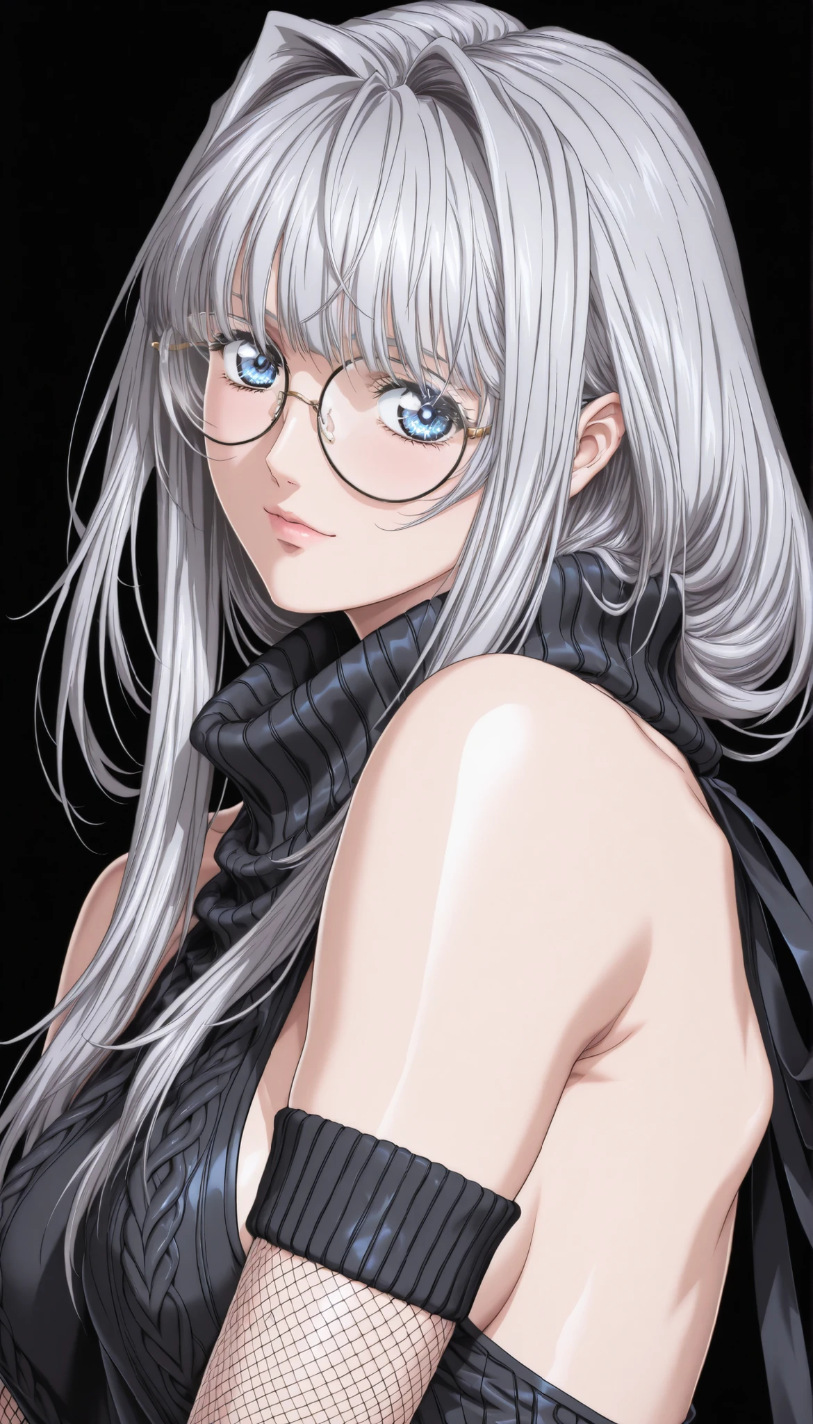 (Yokota Mamoru style),charming smiles,(portrait :1.4)masterpiece, Best Quality, great quality, very detailed, Newest, very aesthetic, 1girl, upper body, of, gray hair, blunt bang, long hair, round eyewear,   blue eyes, long eyelashes, side boob, medium chest, virgin killer sweaters, Black Sweater, fishnet sleeve,  DYNAMIC POSE, Diffused light, VERY HIGH DEFINITION, hi-res