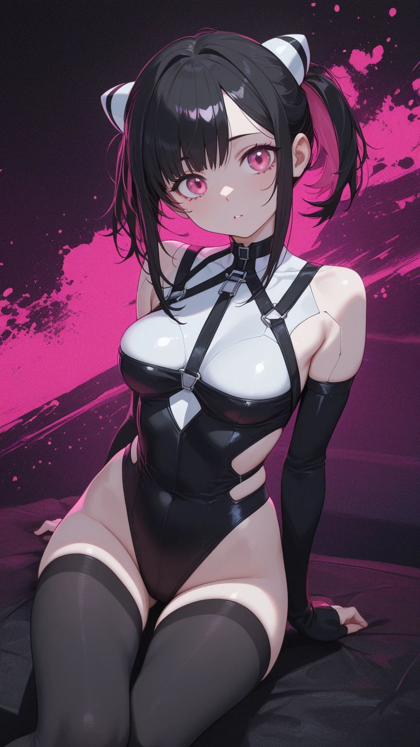 ((((Obra maestra, La mejor calidad, ultrahigh resolution)))), 1girl, standing, leotard, bunny girl, ((bunny ears in view:1)), ((floppy bunny earlack hair, dark black hair over eye:1)), (wide shot), long hair cut, pale skin, ((brown eyes)), glowing_eyes, neon eyes, (ultra detailed eyes:0.7, beautiful and detailed face, detailed eyes:0.9), ((centered)), smile, ((wide shot)), facing viewer, (((indoor club background, purple and black lights))), medium breasts, looking at viewer, ((half closed eyes)), ((perfect hands)), (((head:1, arms, hips in view, elbows, thighs, in view))), ((hand pulling off clothing)), empty eyes, beautiful lighting, outside, outdoors, background, defined subject, 25 years old, (head tilt), (((cool))),