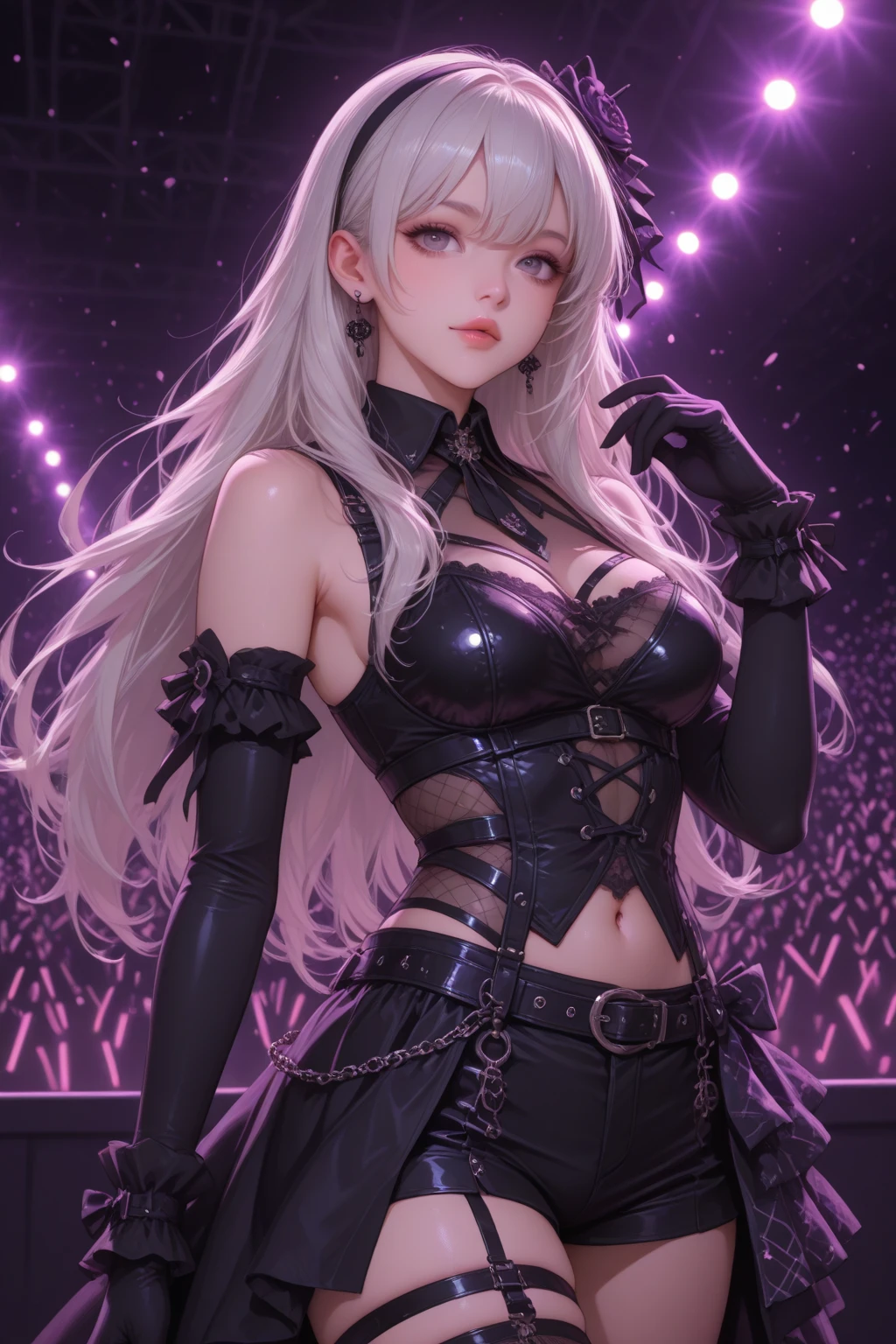  A gothic punk goth girl, perfect face, beautiful Asian woman with long White hair in White curls and coils, very cute and           beautiful girl, (highly detailed beautiful face), high detailed fingers, (Deep Purple corset with detailed frills), detailed face,
]cowboy shot, looking at viewer, Standing, white panties. intricate details, cinematic scene, detailed background, solo, dynamic angle,  ((beautiful big blue eyes looking down at the viewer, black shiny lipstick, perfect Asian goth cyber makeup)) double d breast, detailed cute face, white hair, gothic punk fashion, highly detailed gothic fashion, short skirt, heavy make up,),(dark black lipstick), size, Backlight effect, lens flare, depth of fields, blurry background, Detailedface,1 girl, Detailed eyes, ,(thigh up shot image :1.5), Black gloves. Walking in the rain. Moonlight shines on her face. Sombre setting Purple Corset