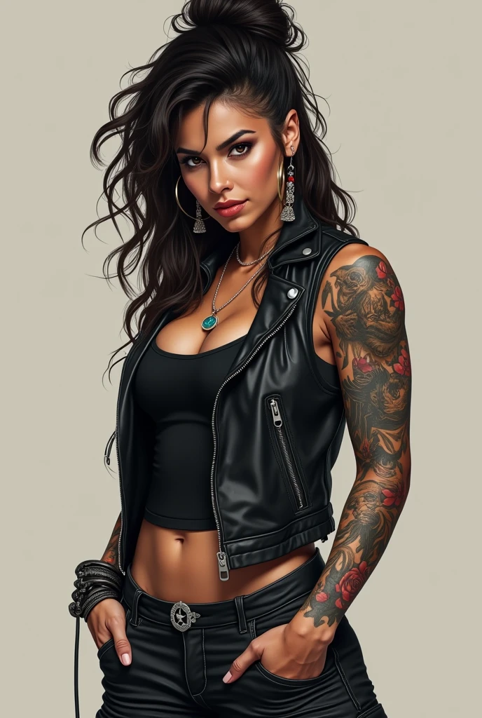 Create an image of a woman 2 short hair to the shoulder wavy,Caucasian skin,brown dark eyes,biker style biker with biker vest,and a stripe saying marrenta on the side,nose a little wide,breasts small,closed vest,with a sullen face and crossed shoulders,slightly longer and dark black hair,no tattoos,tarja preta com escritas brancas closed vest