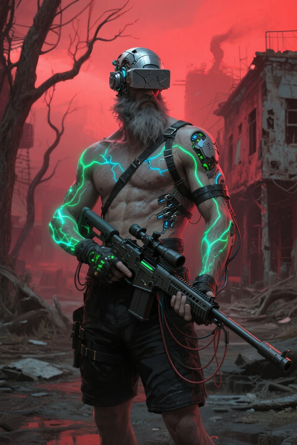(masterpiece) highly detailed RAW, a post-apocalyptic man, cyberpunk city themed rainbow vivid, hassanfantasy style, by Jeremy Mann and Donato Giancola ultra realistic highly detailed intricate photorealistic, muscular