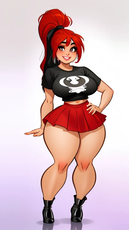 high detailed, masterpiece, 1girl, posing sexy, subtle smile, pouting, full lips, red hair, high ponytail, brown eyes, perfect hands, big breast, wide hips, thick thighs, black tshirt, crop top, red skirt, red high heel boots, clean scene, white background, white wall, shinny floor, white floor