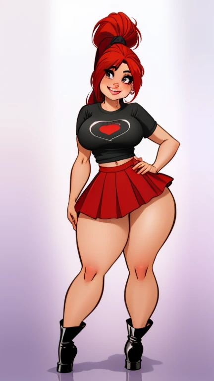 higly detailed, Masterpiece, 1 girl cartoon character, pose sexy, thin smile, Sulk, full lips, red hair, high ponytail, Brown eyes, perfect arms, big breastes, wide hips, thick-thighs, black tshirt, crop-top, red skirt, Red high-heeled boots, Ultra-realistic digital art, 3D Rendering, photo realism, clean scene, whitebackground, a white wall, Shiny floor, white floor