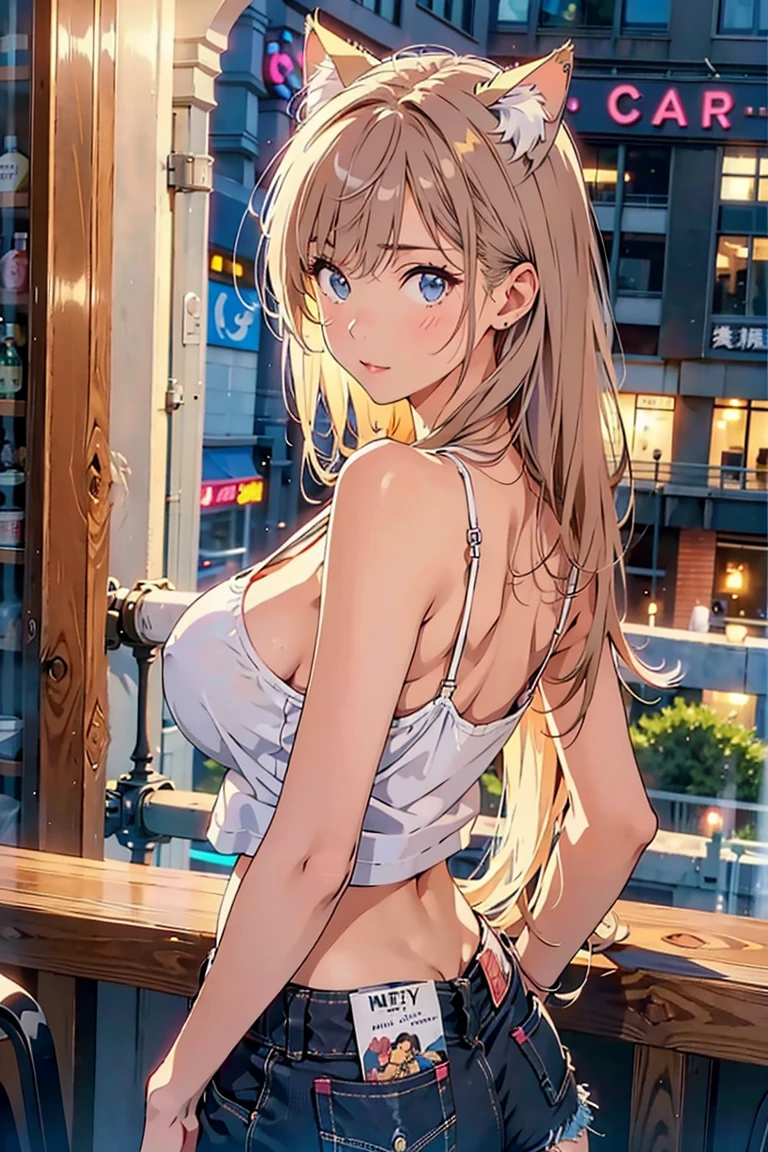 top quality、ultra high resolution、(photorealistic:1.4)、Crisp skin、Realistic Skin Textures、Model Body Type、white skin、1 girl、( thin hair, black、Faded gray hair:1)、(big breasts:1.2)、Disconnect, viewers、close-up、Upper Body Pictures、tight camisole、white camisole without a gun、silk camisole、bar scenery/neon light bar/Cat ears/cat tail/masterpiece , Best Quality, 1,luna shirakawa, upshorts, Pink Panties , with the back ,Very loose shorts showing some of the panties, shorts , Staring at Viewers,pale blue highlights on blond hair